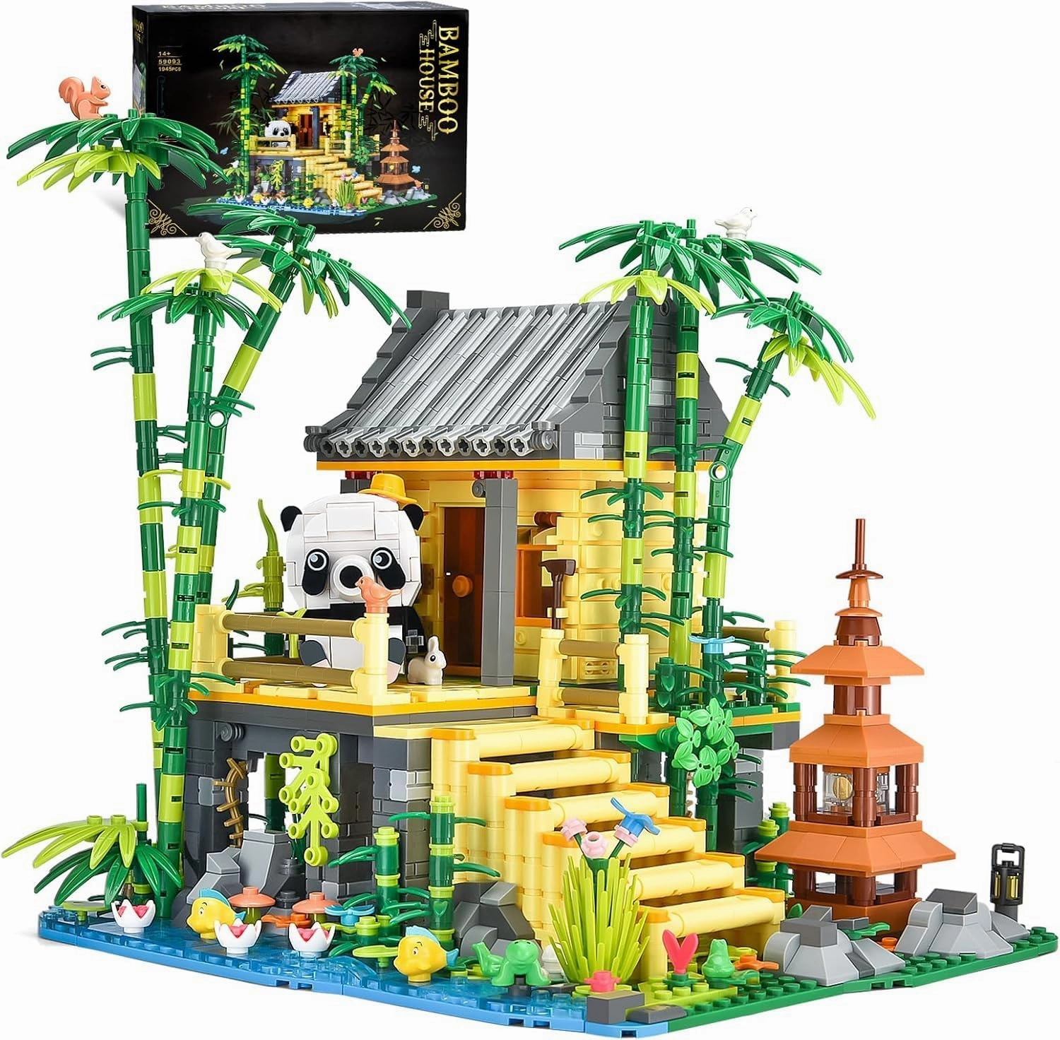 BNG Panda Bamboo House Building Set for Adults, Tree House Collection Display Toys with LED Light, Creative Animals Architecture Builing Blocks, Gift for Adult Boys Girls Kids 8-14 (1443 pcs)