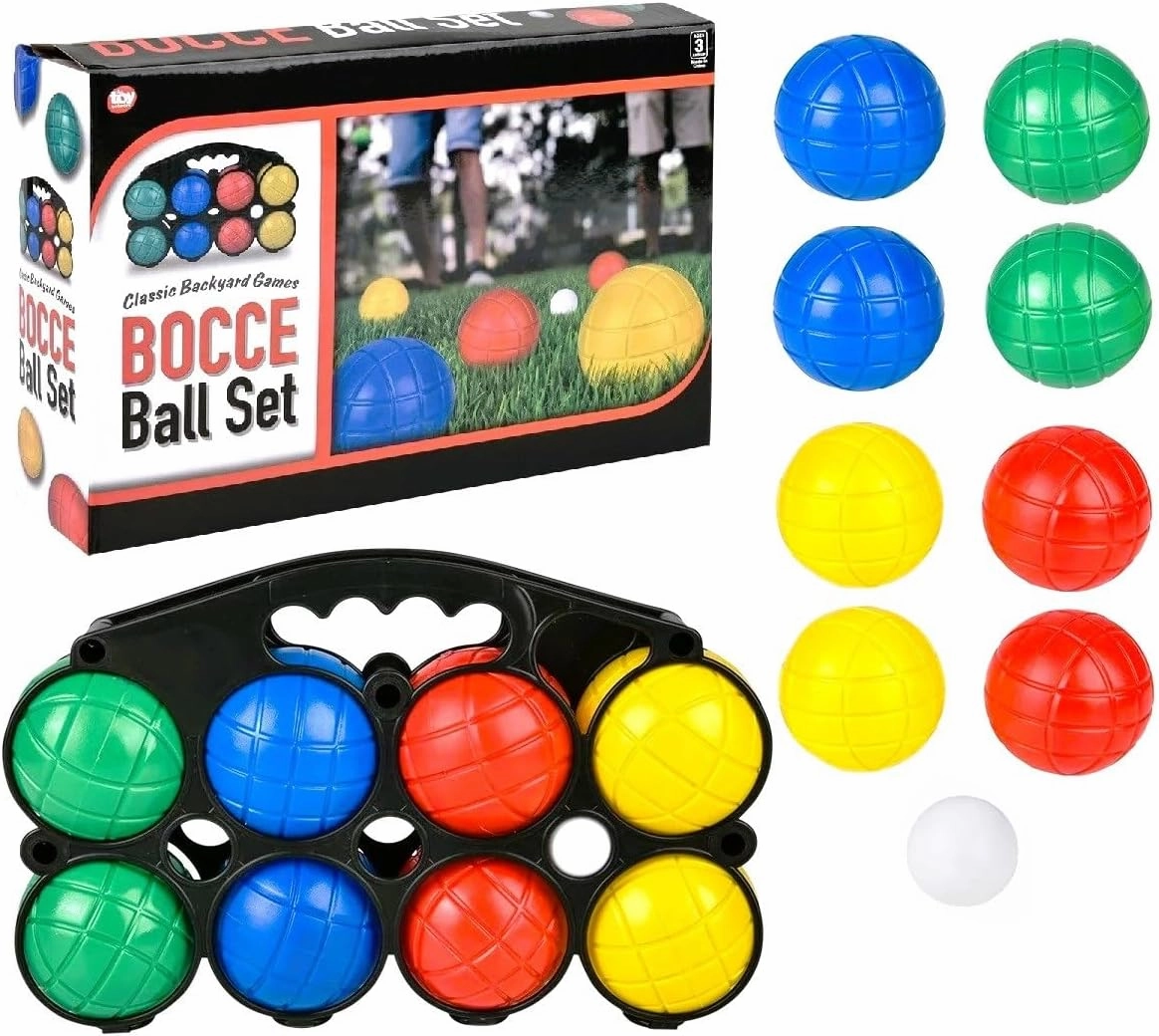Bocce Ball Set with Carrying Case (11") Includes: 8 (3") Balls, 1 Jack (1.5") Ball, 1 Sure Grip Storage Case. Comes in a Nice Display Box. Classic Backyard Game.