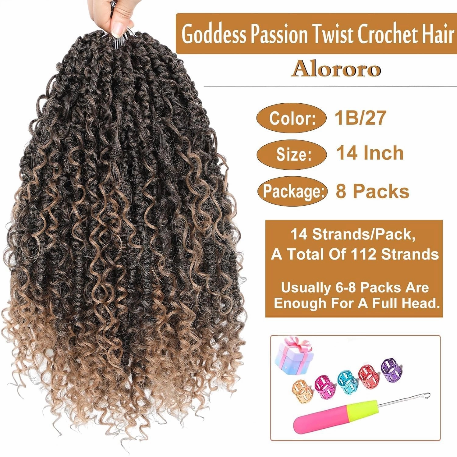 Boho Passion Twist Crochet Hair Passion Twist Hair Pre Looped Goddess Crochet Twists Bohemian Crochet Braids With Curly Ends Boho Braids Crochet Hair For Women (14 Inch (Pack of 8), 1B/27)