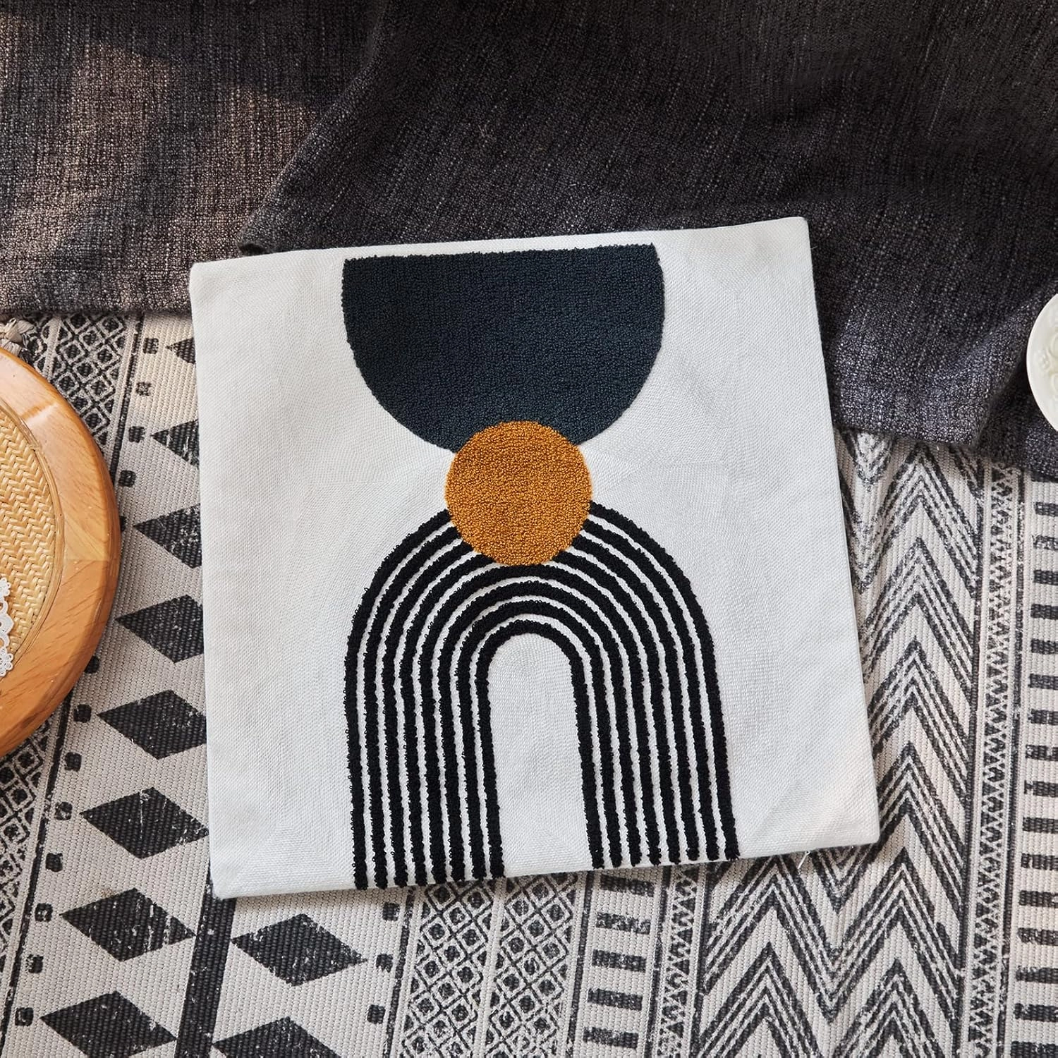 Boho Stylish Accent Throw Pillow Covers 18x18 Tribe Modern Round Arched Geometric Decorative Abstract Pillowcase for Bed Couch Living Room,1 PC,Tan and Black