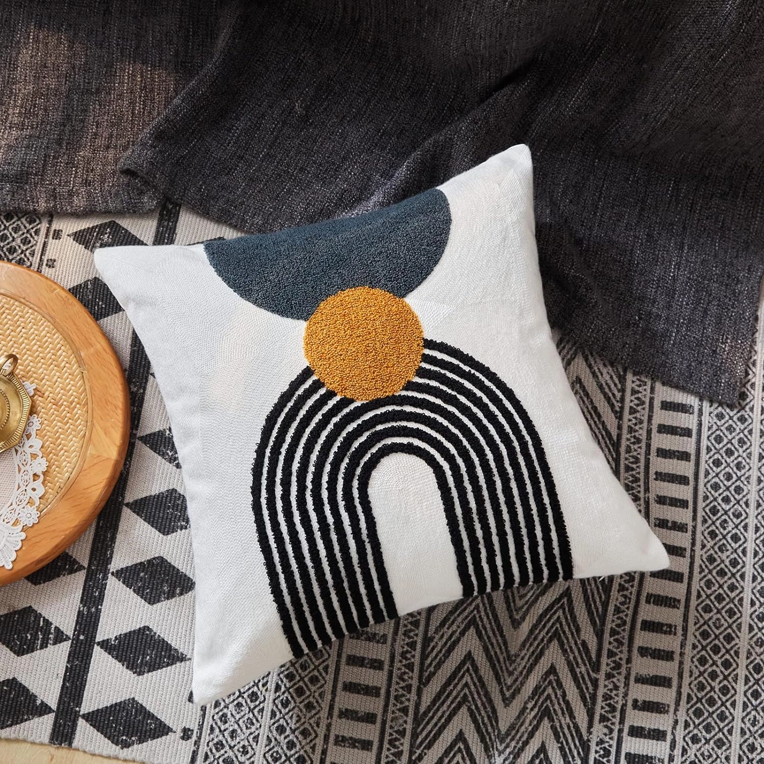 Boho Stylish Accent Throw Pillow Covers 18x18 Tribe Modern Round Arched Geometric Decorative Abstract Pillowcase for Bed Couch Living Room,1 PC,Tan and Black