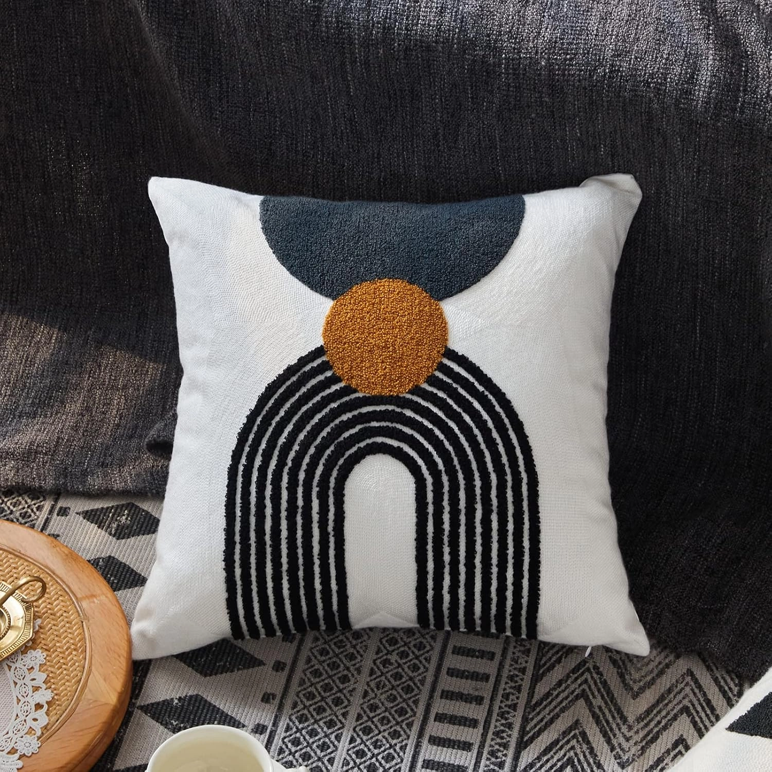 Boho Stylish Accent Throw Pillow Covers 18x18 Tribe Modern Round Arched Geometric Decorative Abstract Pillowcase for Bed Couch Living Room,1 PC,Tan and Black
