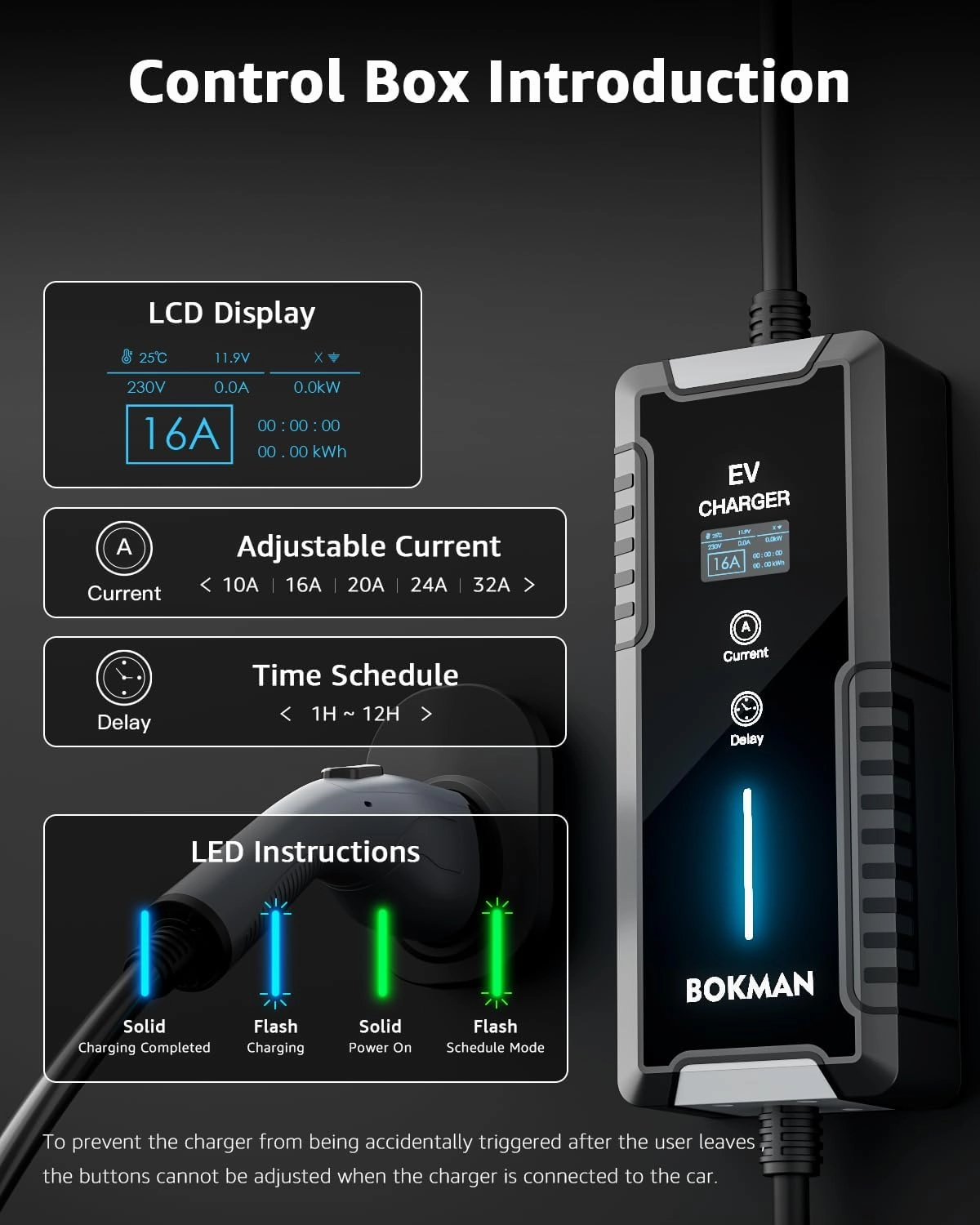 bokman Level 1&2 EV Charger 16A with 25ft Charging Cable and NEMA 6-20 Plug Electric Vehicles Current Adjustable and Reservation Charging Function (NEMA 5-15 Included)