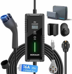 bokman Level 1&2 EV Charger 16A with 25ft Charging Cable and NEMA 6-20 Plug Electric Vehicles Current Adjustable and Reservation Charging Function (NEMA 5-15 Included)
