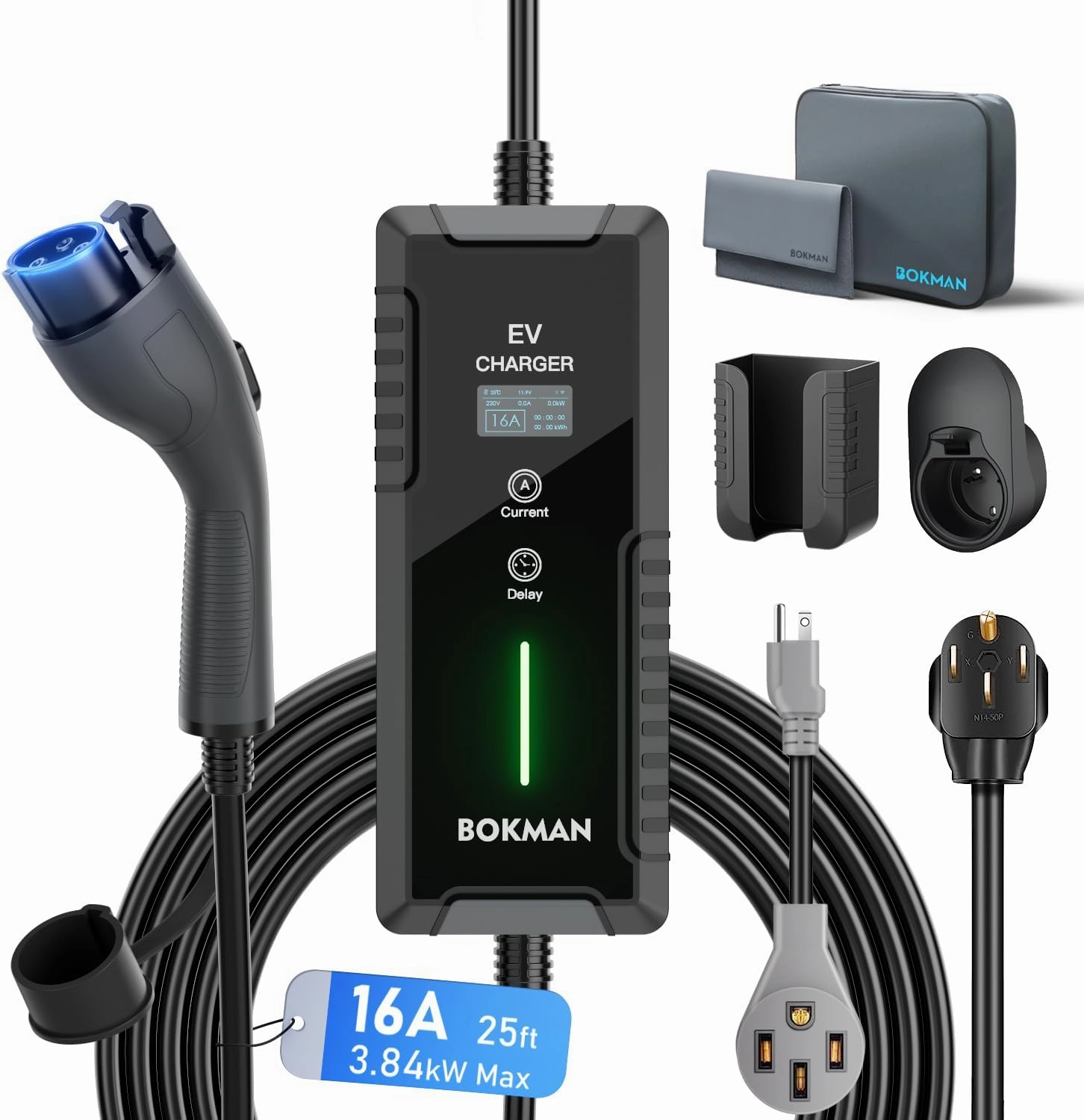 bokman Level 1&2 EV Charger 16A with 25ft Charging Cable and NEMA 6-20 Plug Electric Vehicles Current Adjustable and Reservation Charging Function (NEMA 5-15 Included)