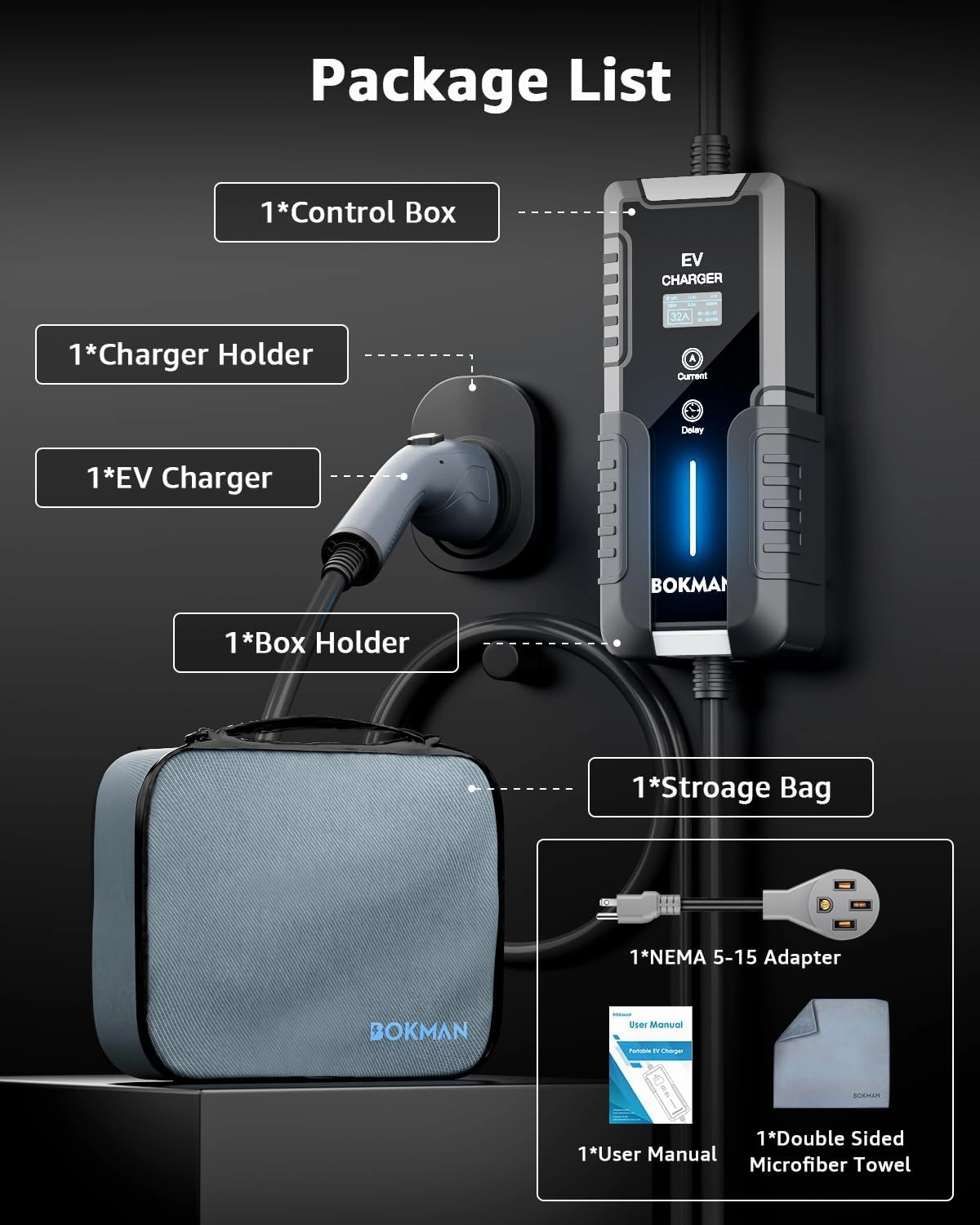 bokman Level 1&2 EV Charger 16A with 25ft Charging Cable and NEMA 6-20 Plug Electric Vehicles Current Adjustable and Reservation Charging Function (NEMA 5-15 Included)