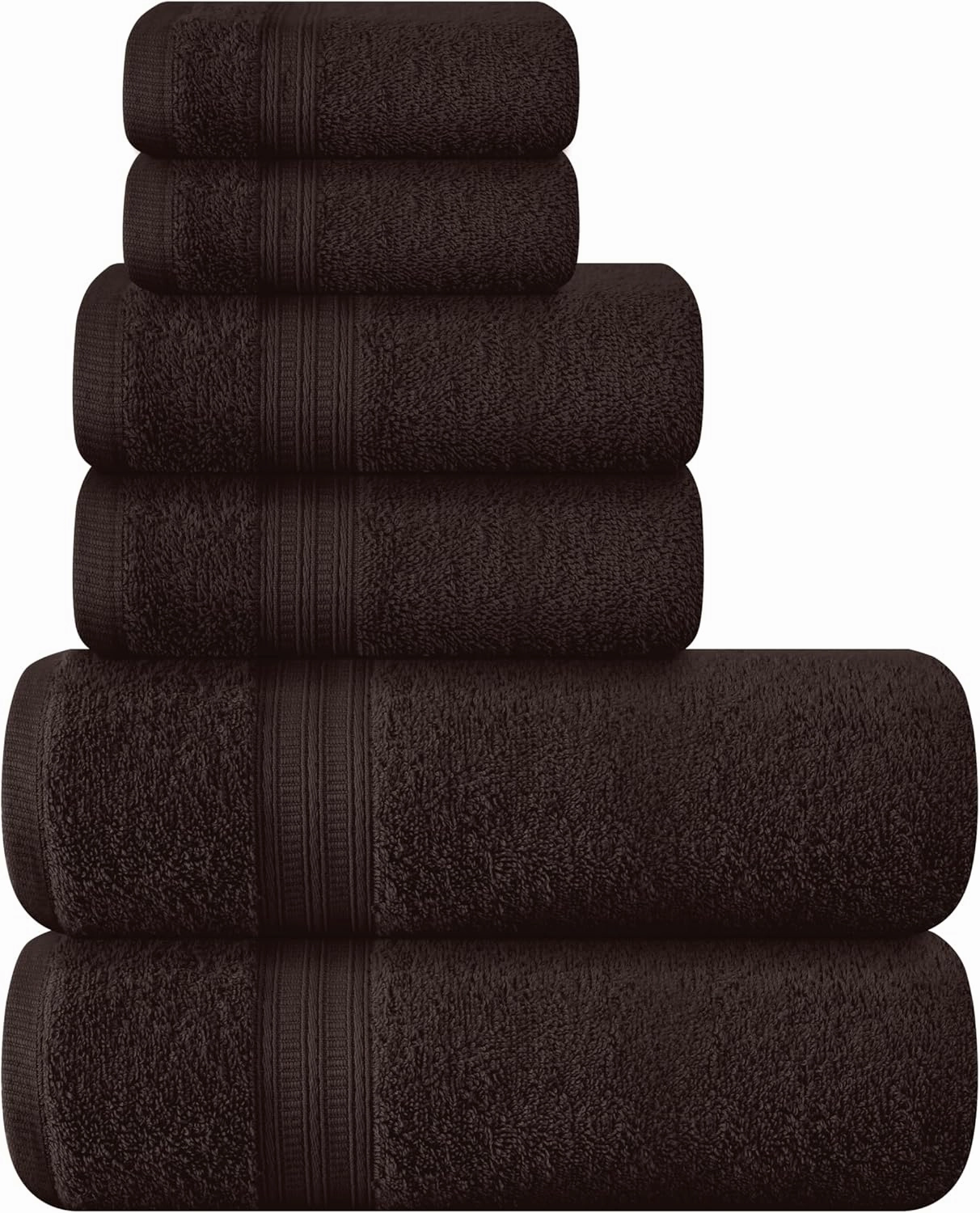 BOUTIQUO 6 Pack Cotton Towel Set, Contains 2 Bath Towels 27x54 inch, 2 Hand Towels 16x24 inch & 2 Wash Coths 12x12 inch, Ideal Everyday use, Ultra Soft Compact & Lightweight - Chocolate Brown