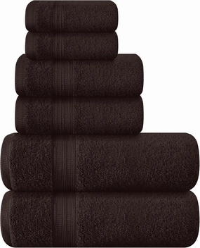 BOUTIQUO 6 Pack Cotton Towel Set, Contains 2 Bath Towels 27x54 inch, 2 Hand Towels 16x24 inch & 2 Wash Coths 12x12 inch, Ideal Everyday use, Ultra Soft Compact & Lightweight - Chocolate Brown