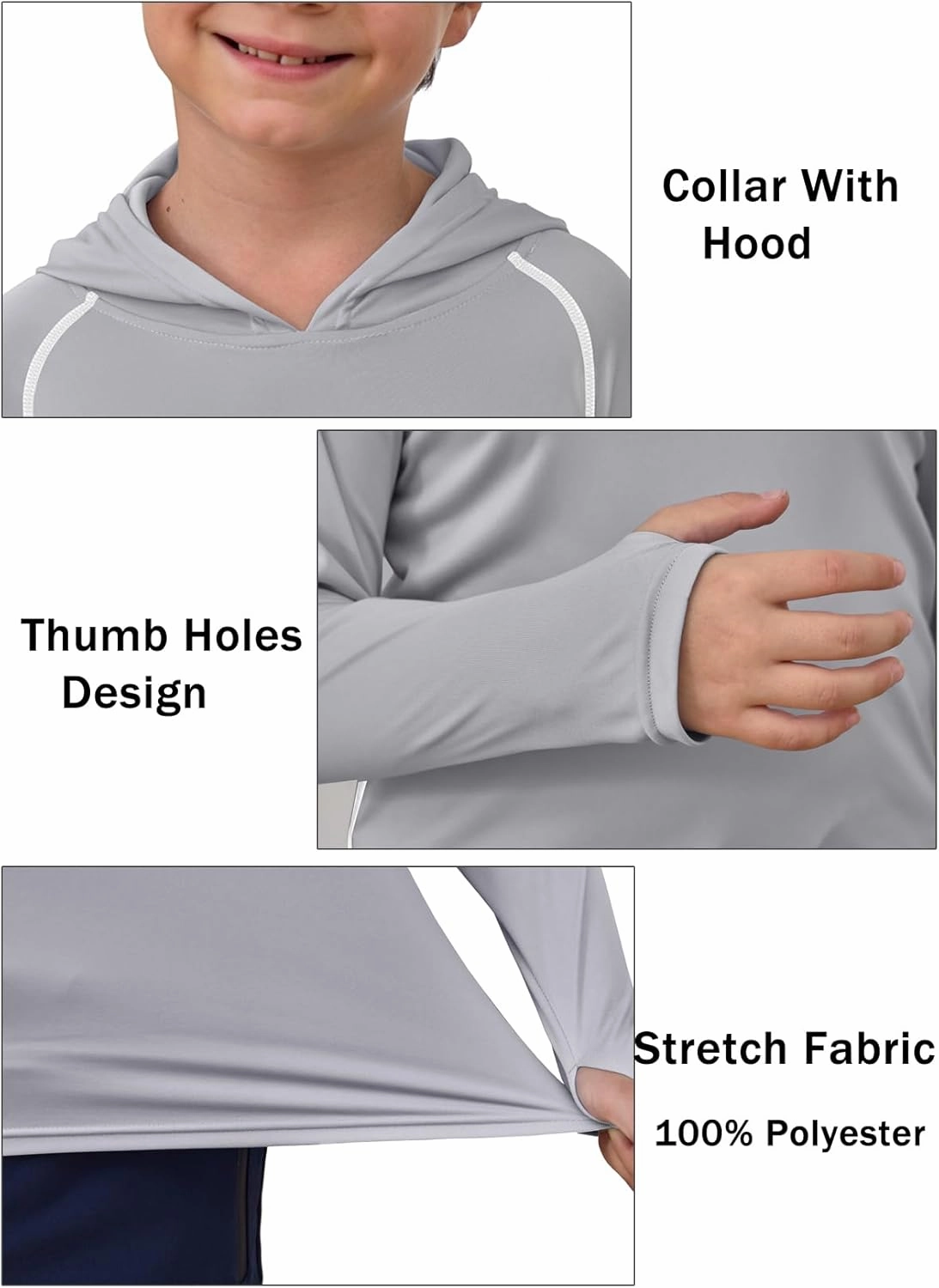Boys Girls Hooded Sun Shirts UPF50  Long Sleeve Hoodies Quick Dry Rash Guard Swim Shirts Fishing Hiking Thumb Holes