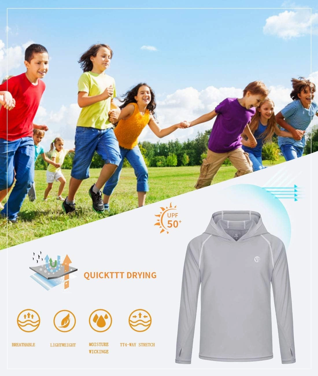 Boys Girls Hooded Sun Shirts UPF50  Long Sleeve Hoodies Quick Dry Rash Guard Swim Shirts Fishing Hiking Thumb Holes