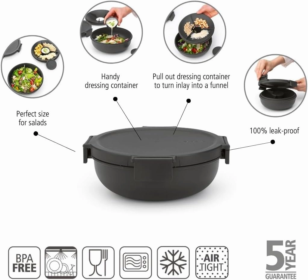 Brabantia Make & Take Salad Bowl with Removable Tray for Toppings & Dressings (Dark Gray) 100% Leakproof, Microwave & Freezer Safe Meal Prep Container