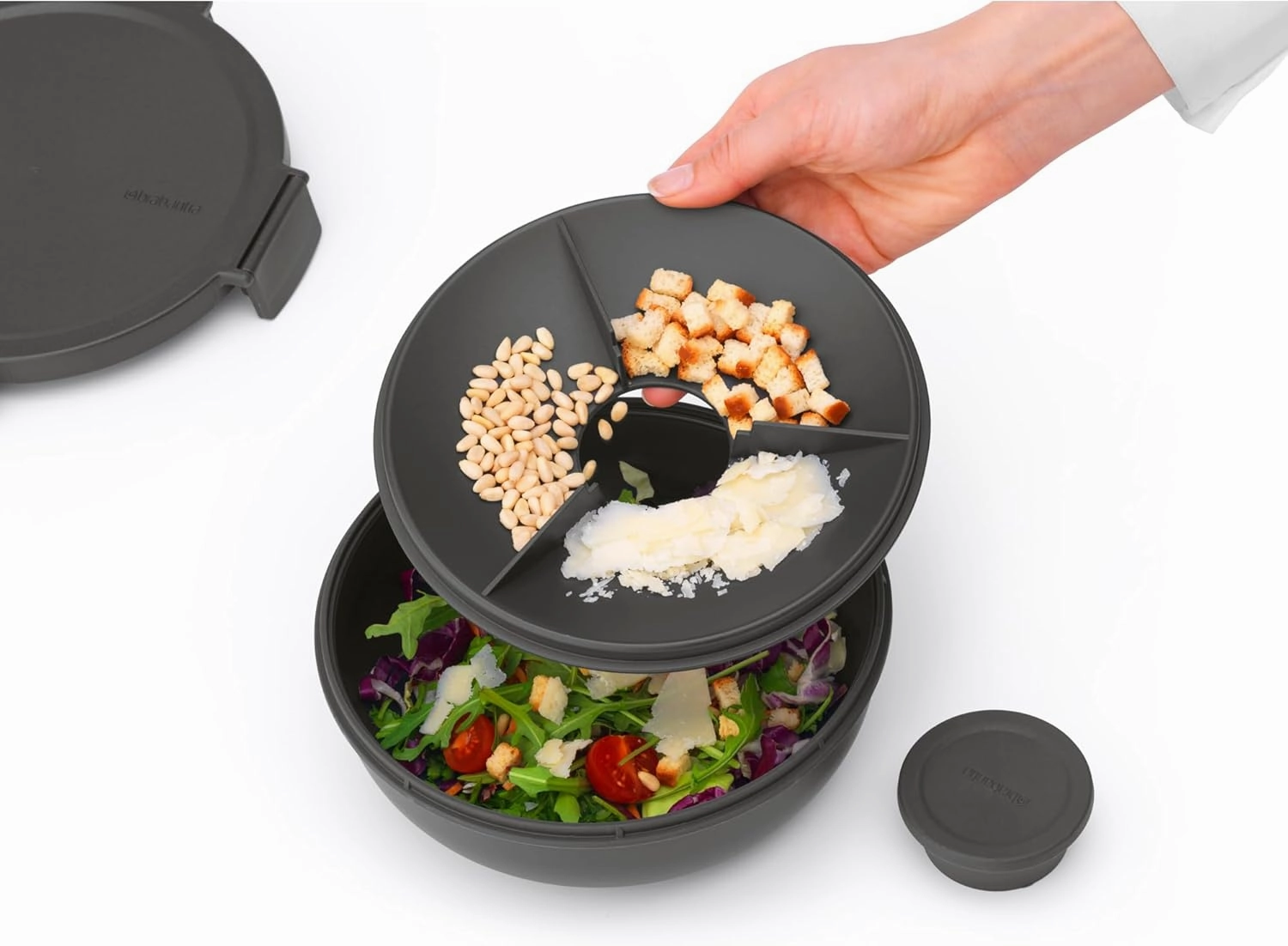 Brabantia Make & Take Salad Bowl with Removable Tray for Toppings & Dressings (Dark Gray) 100% Leakproof, Microwave & Freezer Safe Meal Prep Container
