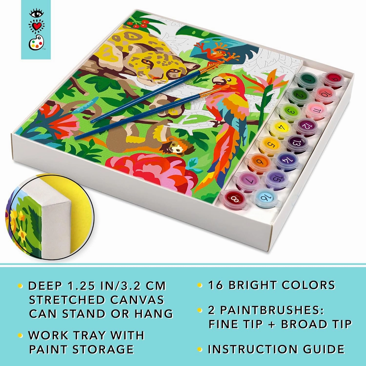 Bright Stripes iHeartArt Paint by Number Kit – Tropical Jungle | Framed Canvas Art Set for Kids Ages 8-12 | Includes 16 Paints & 2 Brushes | DIY Beginner-Friendly Painting Activity Gift