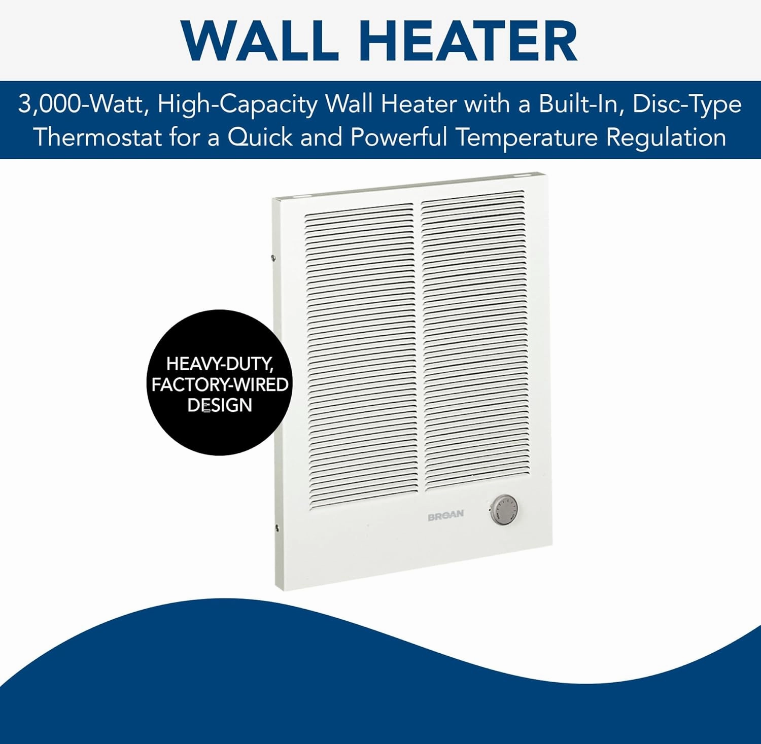 Broan-NuTone 194 High Capacity Wall Heater, White Painted Grille, 3000/1500 Watt 240 VAC, Covers 300 sq. ft. at Factory Wired Voltage