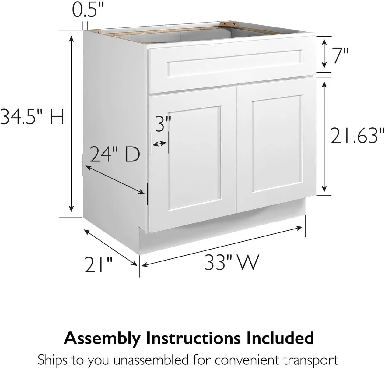 Brookings Shaker Unassembled Sink Base Kitchen Cabinet SB33, 33 W x 24 D x 34.5 H, Painted White with Sherwin Williams, Solid Wood – Design House, 561480