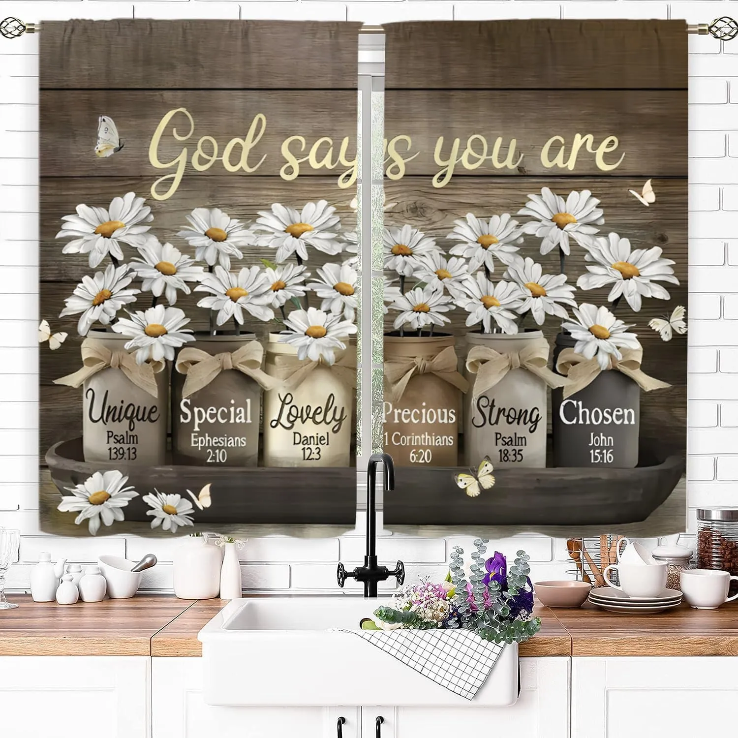 Brown Daisy Vintage Country Kitchen Curtains 27.5W X 39L Inch 2 Panels Rod Pocket Rustic Farmhouse Floral Inspirational Small Short Cafe Tier Curtains Cottage Style Window Drapes Treatment