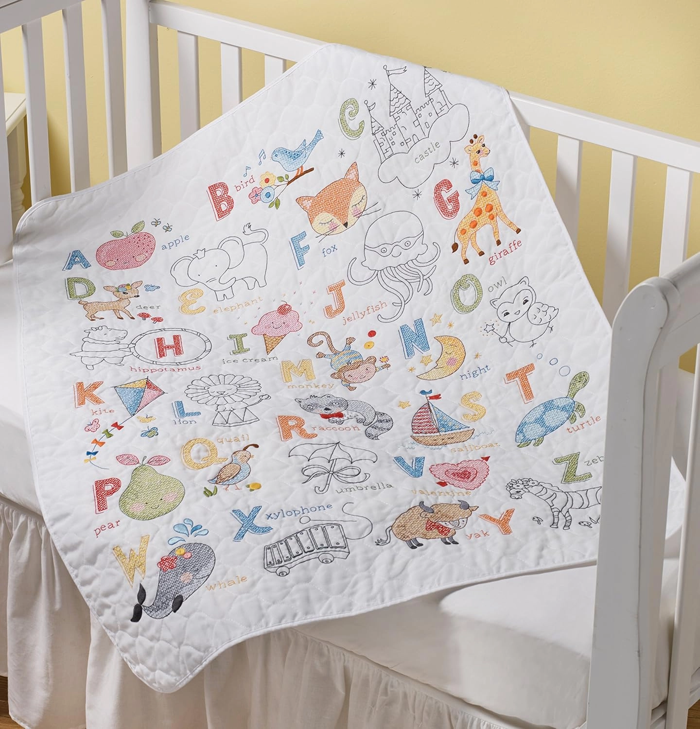 Bucilla Stamped Cross Stitch Crib Cover, ABC's white Small