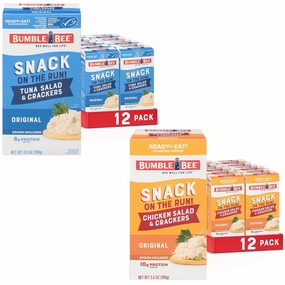 Bumble Bee Snack on the Run Classic Favorites Bulk Bundle (24 Total Kits) - Original Tuna Salad and Classic Chicken Salad with Crackers - Ready to Eat Protein Snacks