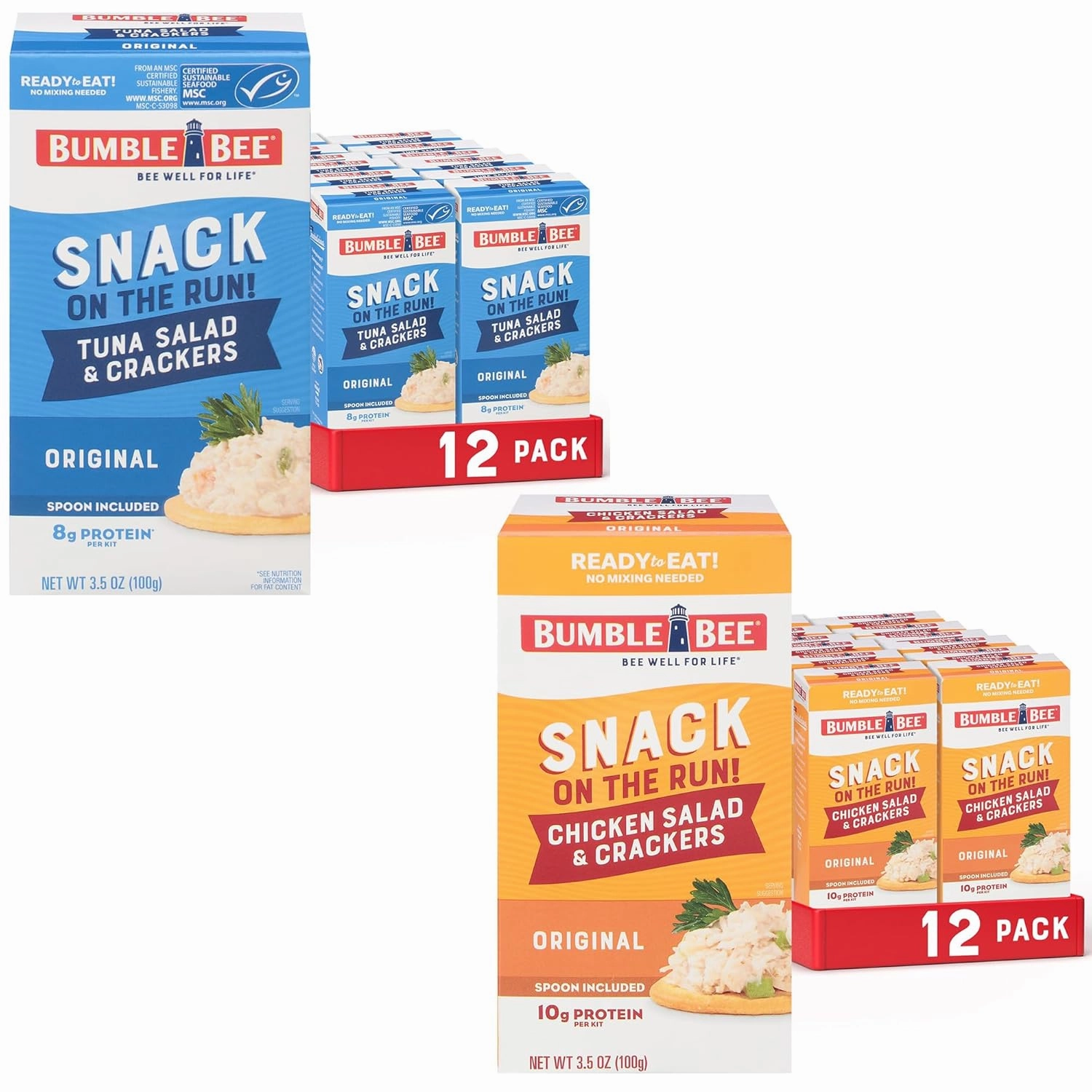 Bumble Bee Snack on the Run Classic Favorites Bulk Bundle (24 Total Kits) - Original Tuna Salad and Classic Chicken Salad with Crackers - Ready to Eat Protein Snacks