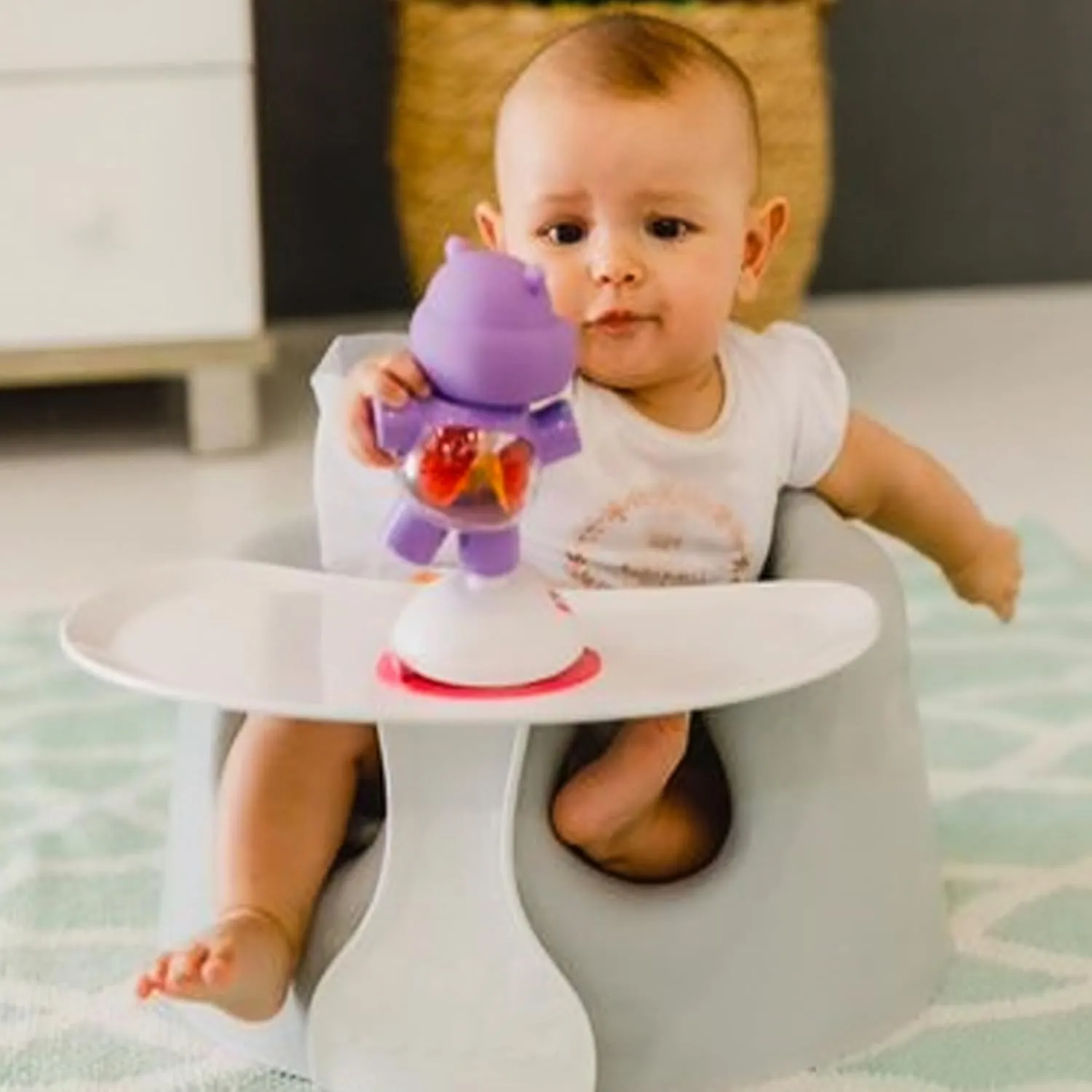 Bumbo Baby Floor Seat, Portable Infant Sit Up Activity and Eating Chair w/Tray, Cool Grey