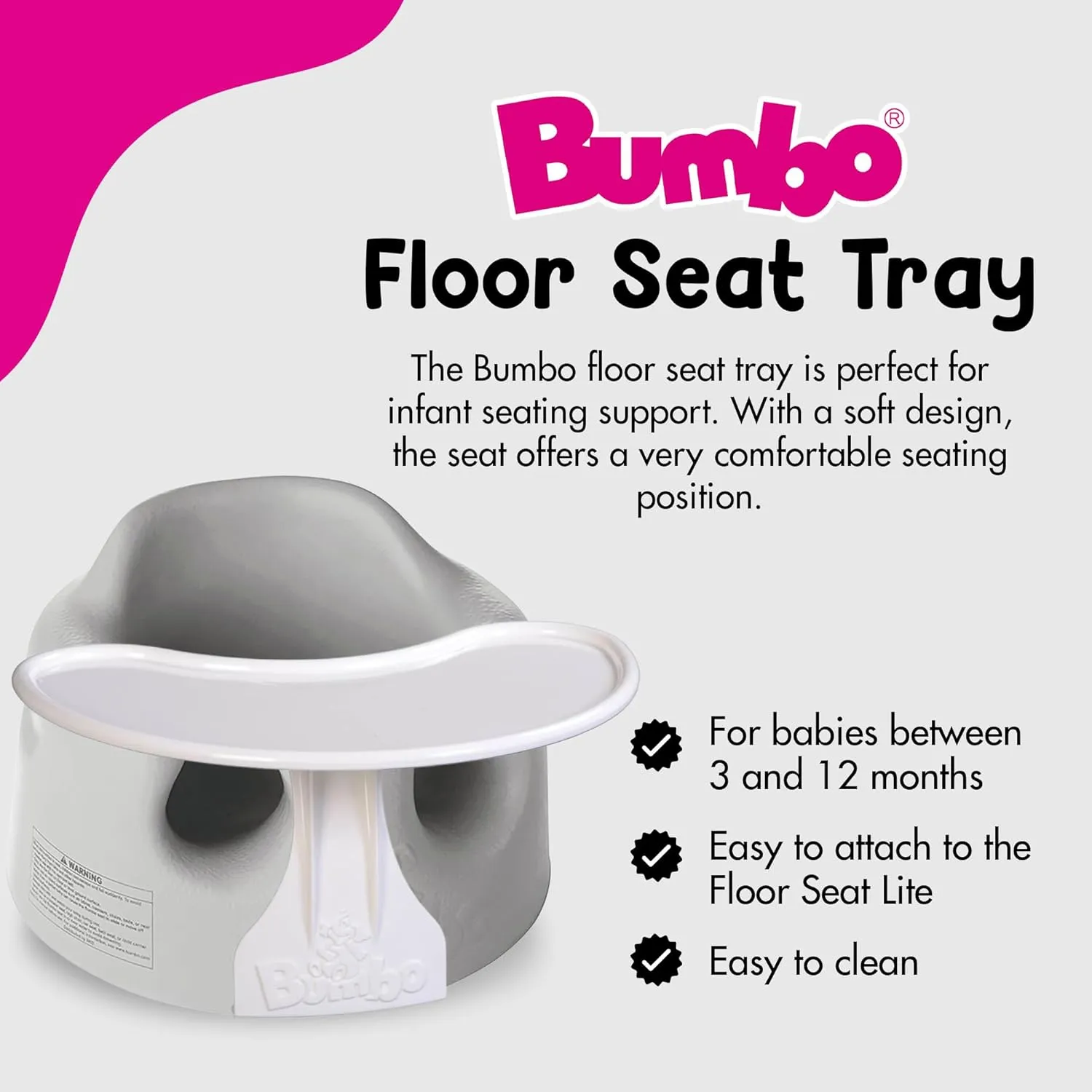 Bumbo Baby Floor Seat, Portable Infant Sit Up Activity and Eating Chair w/Tray, Cool Grey