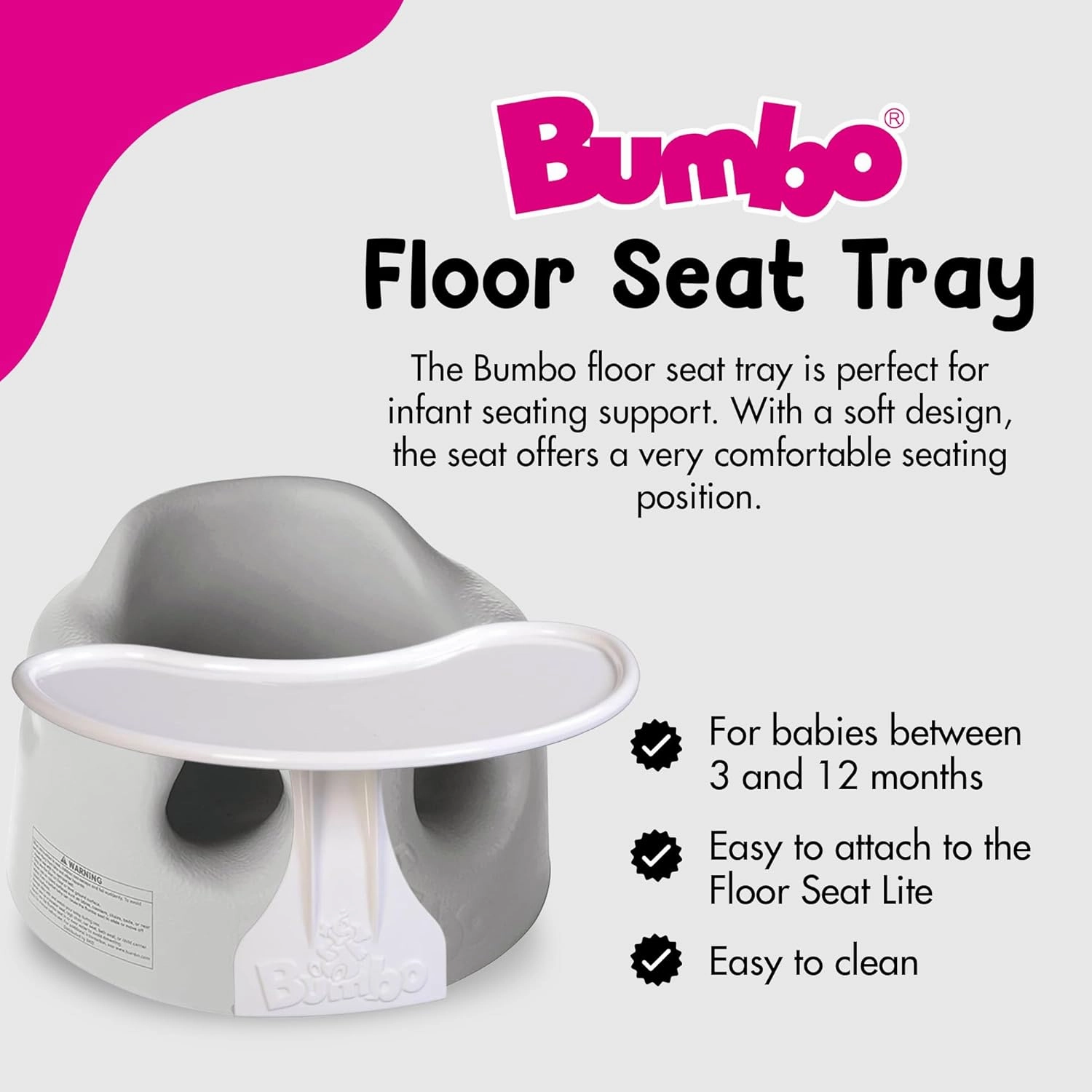 Bumbo Baby Floor Seat, Portable Infant Sit Up Activity and Eating Chair w/Tray, Cool Grey
