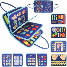 Busy Board Montessori Toy,Busy Book for Toddlers,Educational Activity Sensory Board,Toddler Travel Toy for Plane Car,Preschool Learning Fine Motor Skills Toys(Blue Vehicle)