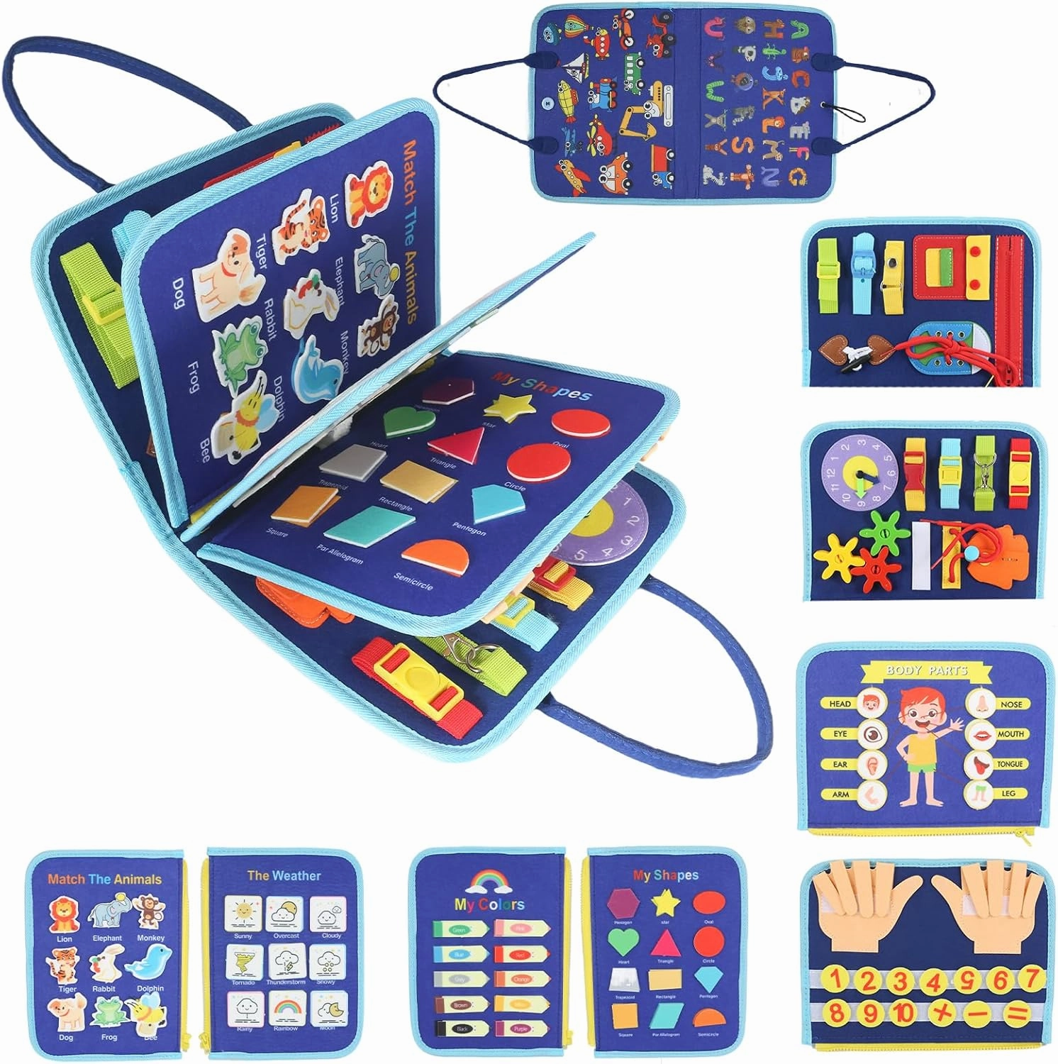 Busy Board Montessori Toy,Busy Book for Toddlers,Educational Activity Sensory Board,Toddler Travel Toy for Plane Car,Preschool Learning Fine Motor Skills Toys(Blue Vehicle)