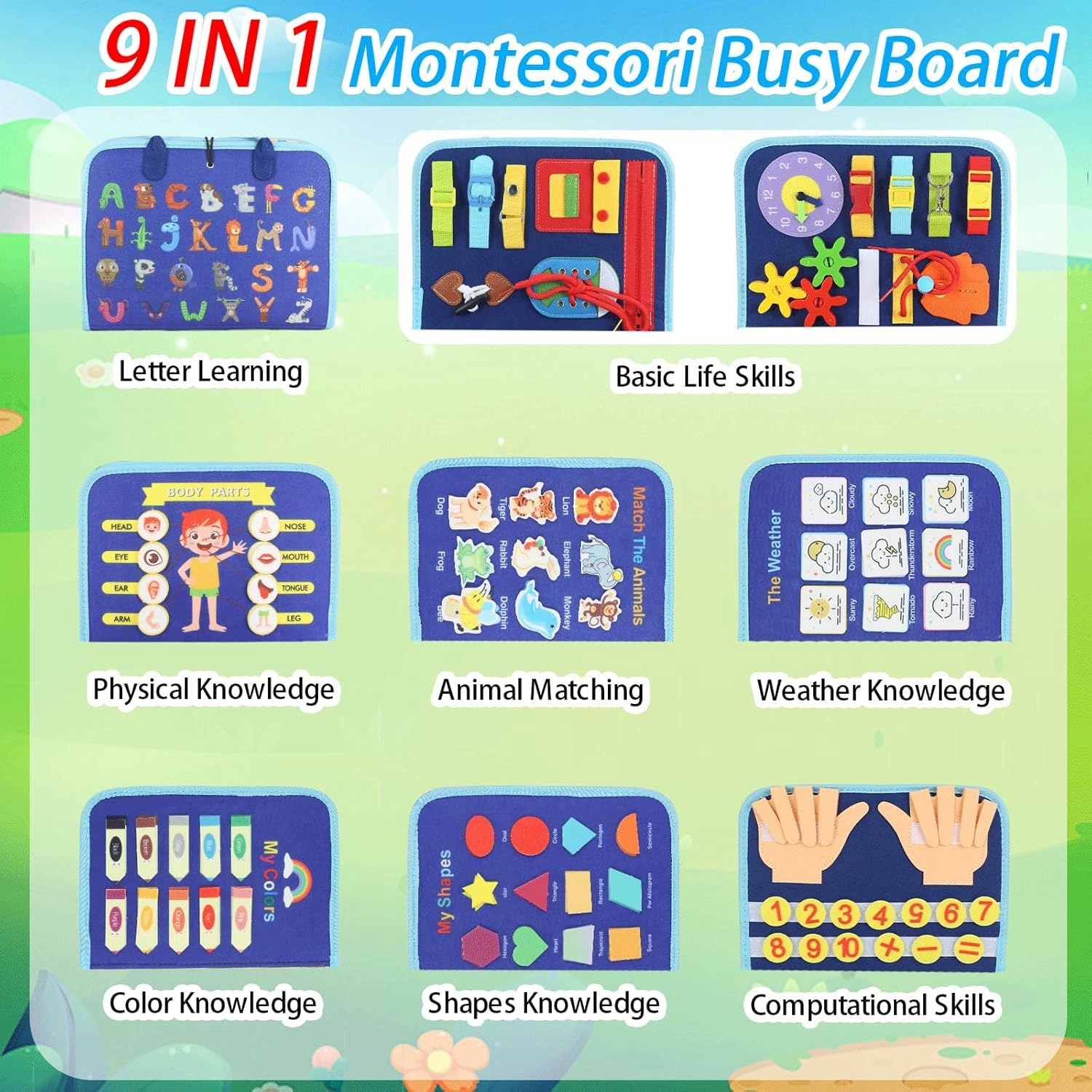 Busy Board Montessori Toy,Busy Book for Toddlers,Educational Activity Sensory Board,Toddler Travel Toy for Plane Car,Preschool Learning Fine Motor Skills Toys(Blue Vehicle)