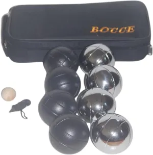 BuyBocceBalls Listing - 73mm Metal Bocce/Petanque Set with 4 Black and 4 Silver Balls and Basic Black Nylon Bag - Single