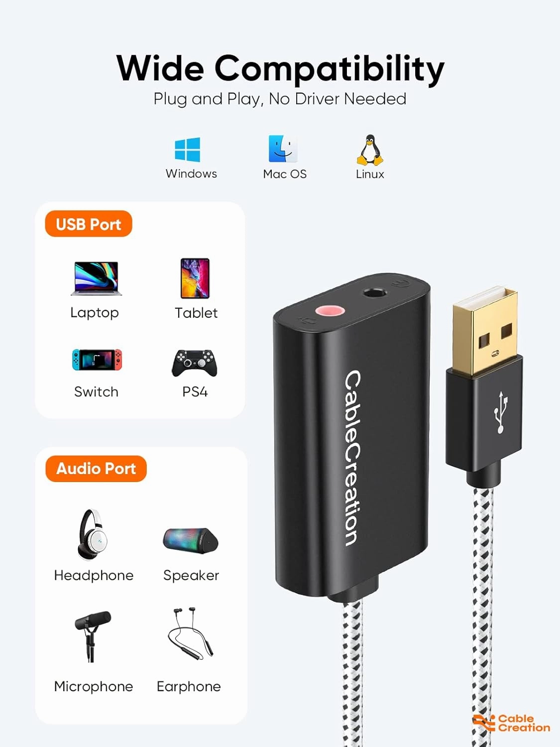CableCreation USB Audio Adapter External Sound Card with 3.5mm Headphone and Microphone Jack Compatible with Windows, Mac, macOS, Linux, PS4, PS5, Plug and Play, Aluminum Black