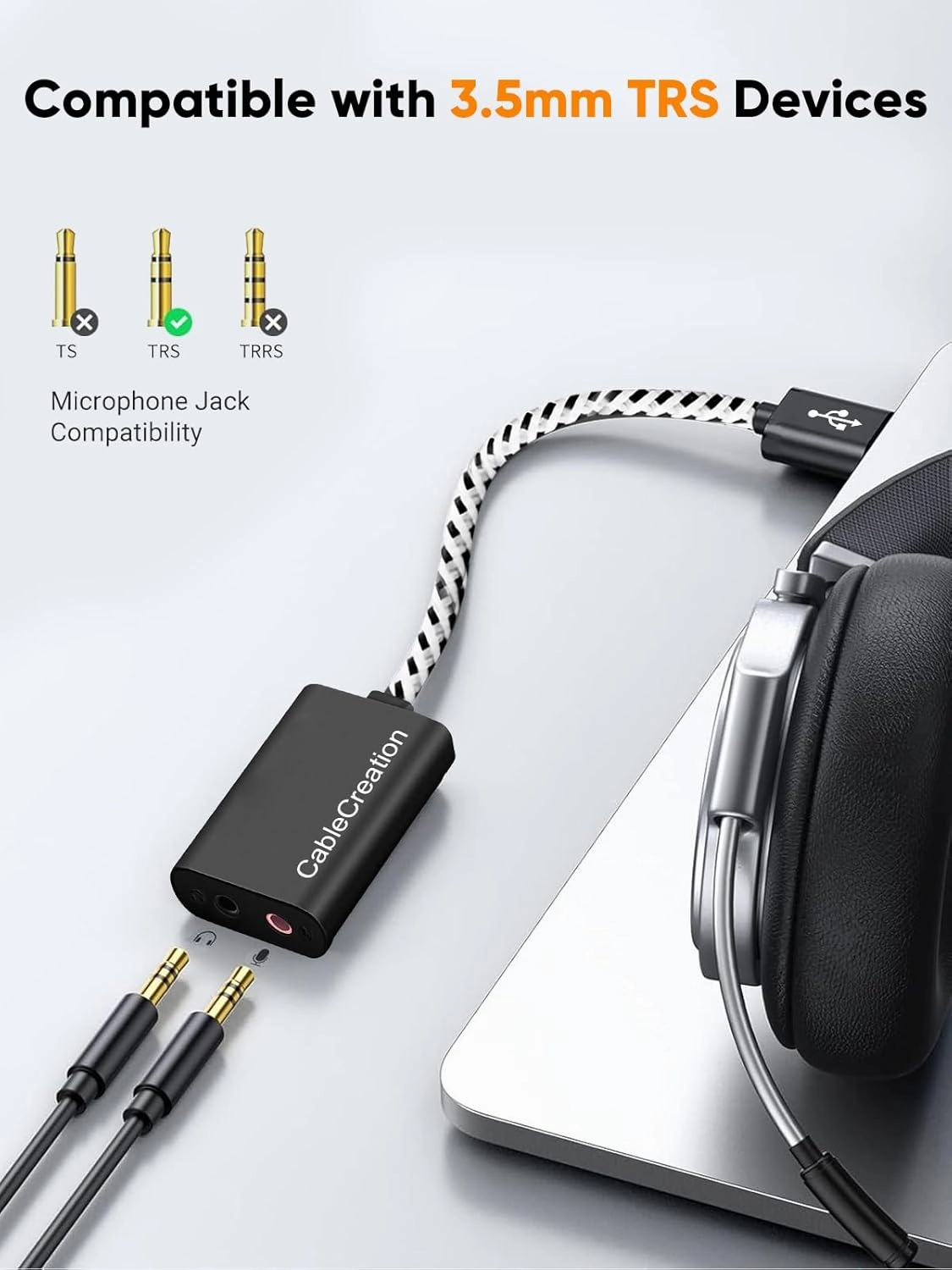 CableCreation USB Audio Adapter External Sound Card with 3.5mm Headphone and Microphone Jack Compatible with Windows, Mac, macOS, Linux, PS4, PS5, Plug and Play, Aluminum Black
