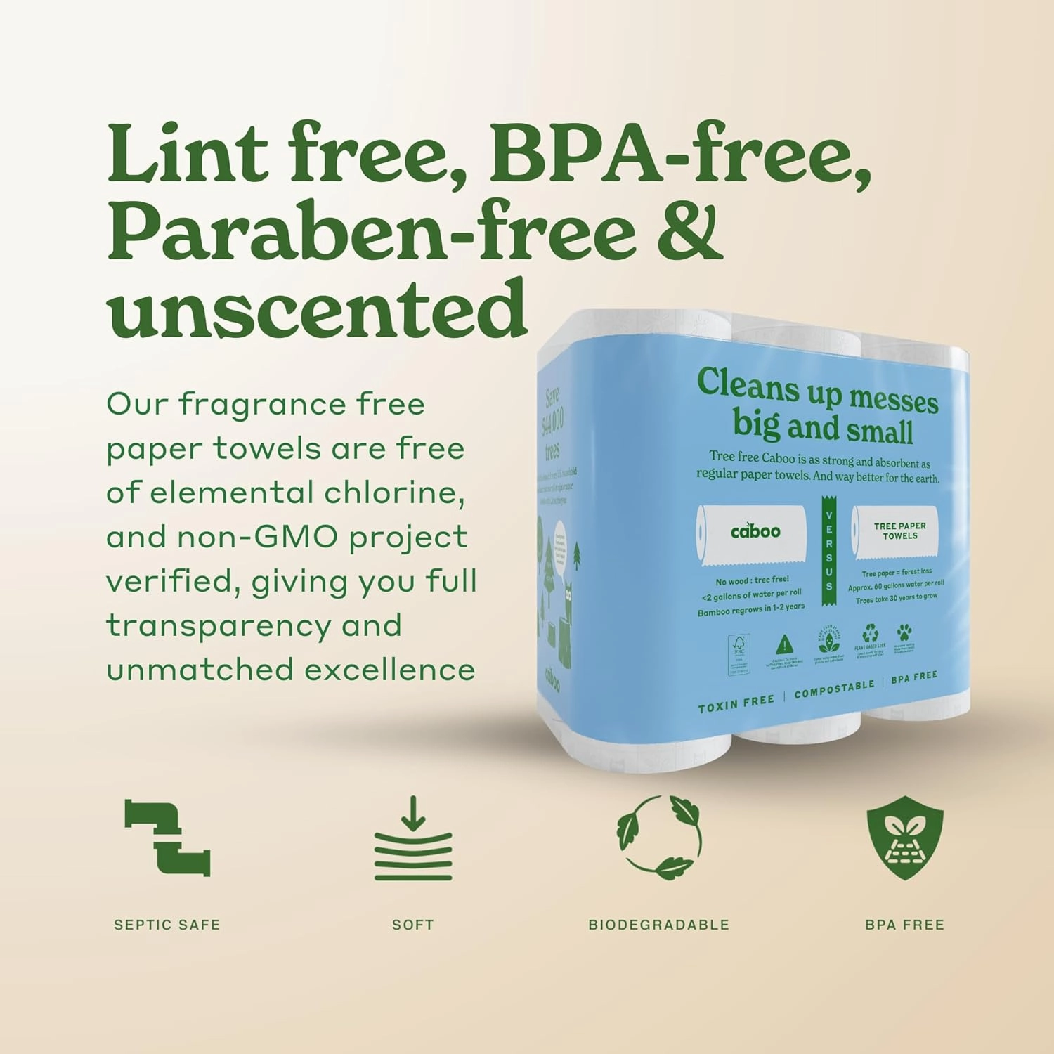 Caboo Tree Free Paper Towels, 6 Rolls, Eco Friendly, Earth Friendly, Sustainable Kitchen Paper Towels with Strong 2 Ply Sheets