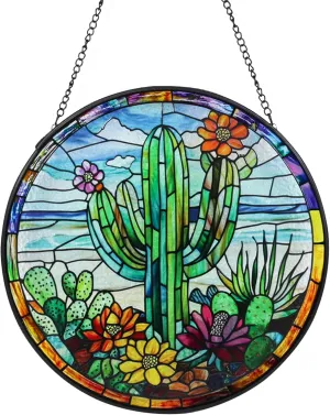 Cactus Handmade Stained Glass Window Hanging Suncatcher with Chain - 7.9" Outdoor/Indoor Art Decor for Home Garden, Wedding, Mother's, Valentine's & Christmas Ornaments Present
