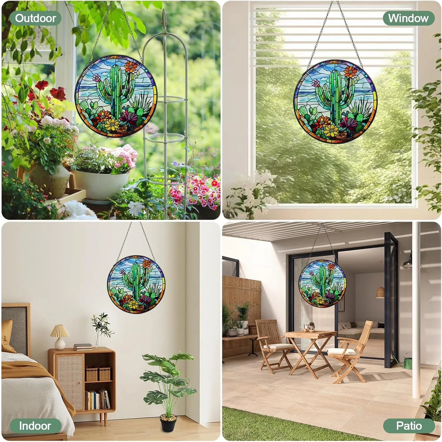 Cactus Handmade Stained Glass Window Hanging Suncatcher with Chain - 7.9" Outdoor/Indoor Art Decor for Home Garden, Wedding, Mother's, Valentine's & Christmas Ornaments Present