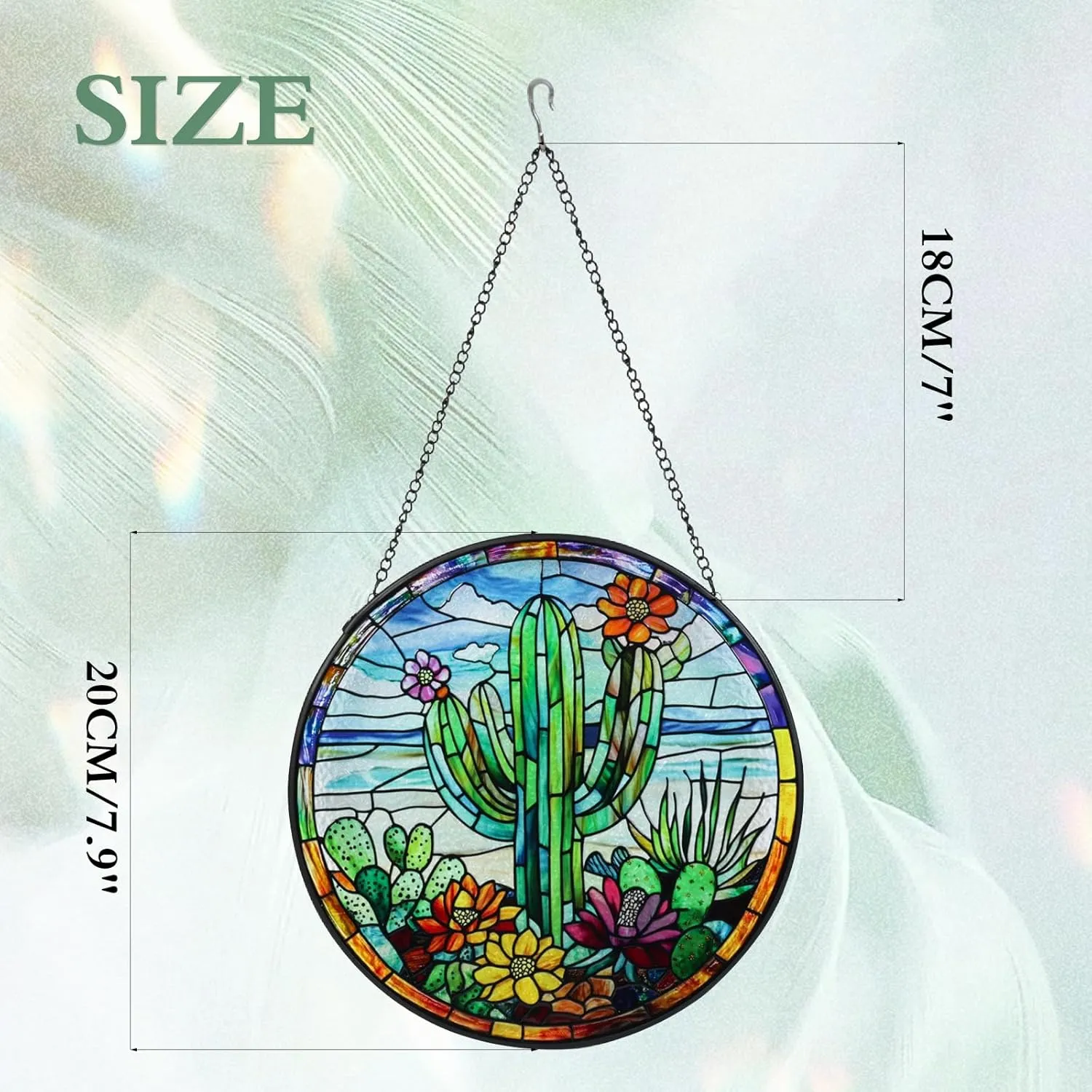 Cactus Handmade Stained Glass Window Hanging Suncatcher with Chain - 7.9" Outdoor/Indoor Art Decor for Home Garden, Wedding, Mother's, Valentine's & Christmas Ornaments Present
