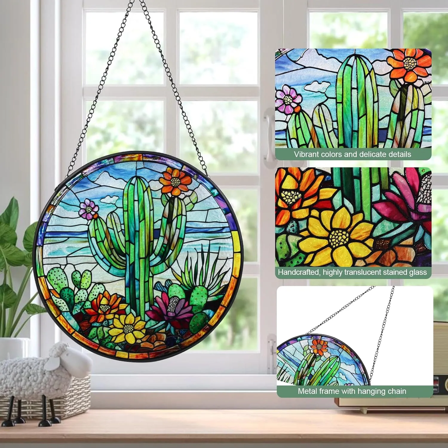 Cactus Handmade Stained Glass Window Hanging Suncatcher with Chain - 7.9" Outdoor/Indoor Art Decor for Home Garden, Wedding, Mother's, Valentine's & Christmas Ornaments Present
