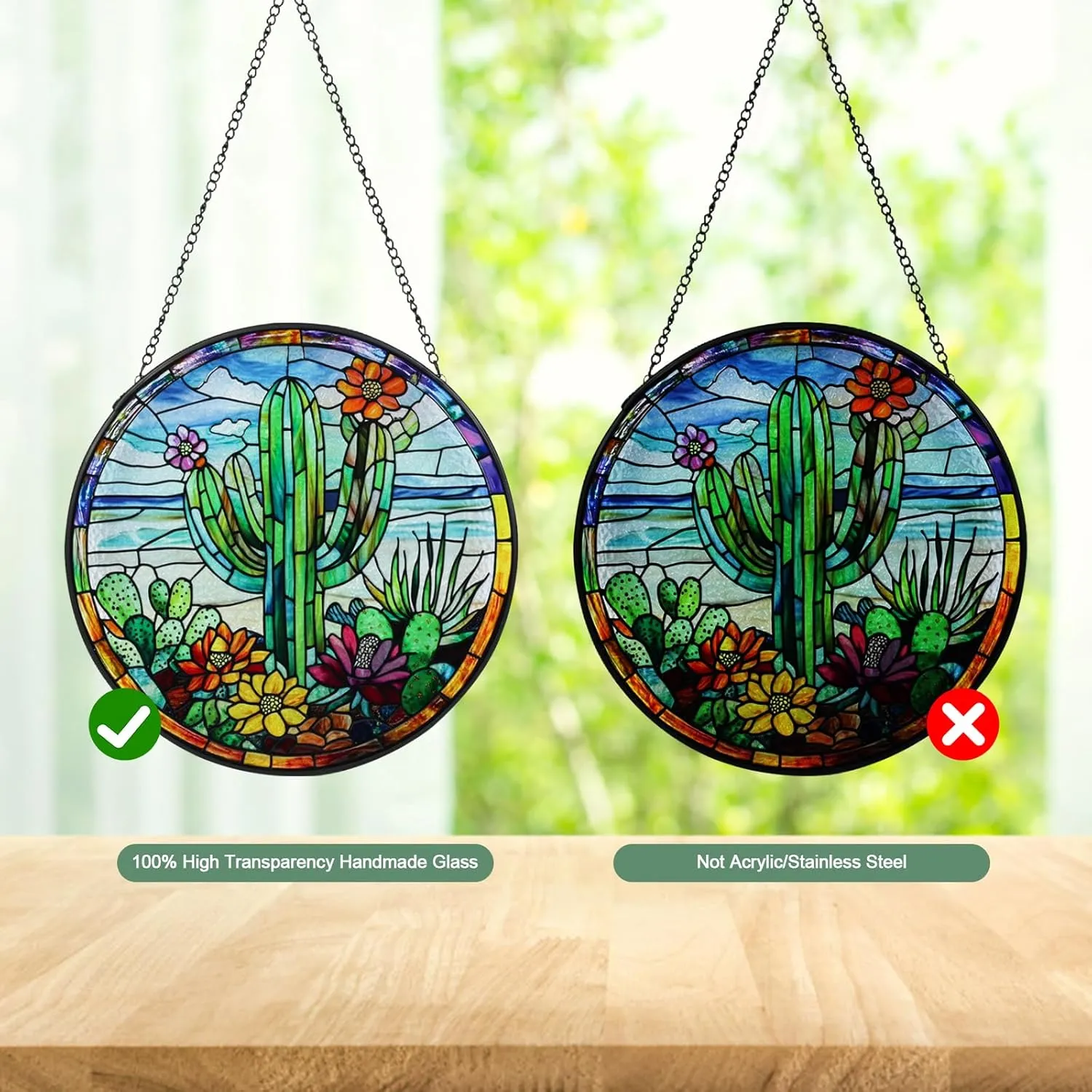 Cactus Handmade Stained Glass Window Hanging Suncatcher with Chain - 7.9" Outdoor/Indoor Art Decor for Home Garden, Wedding, Mother's, Valentine's & Christmas Ornaments Present