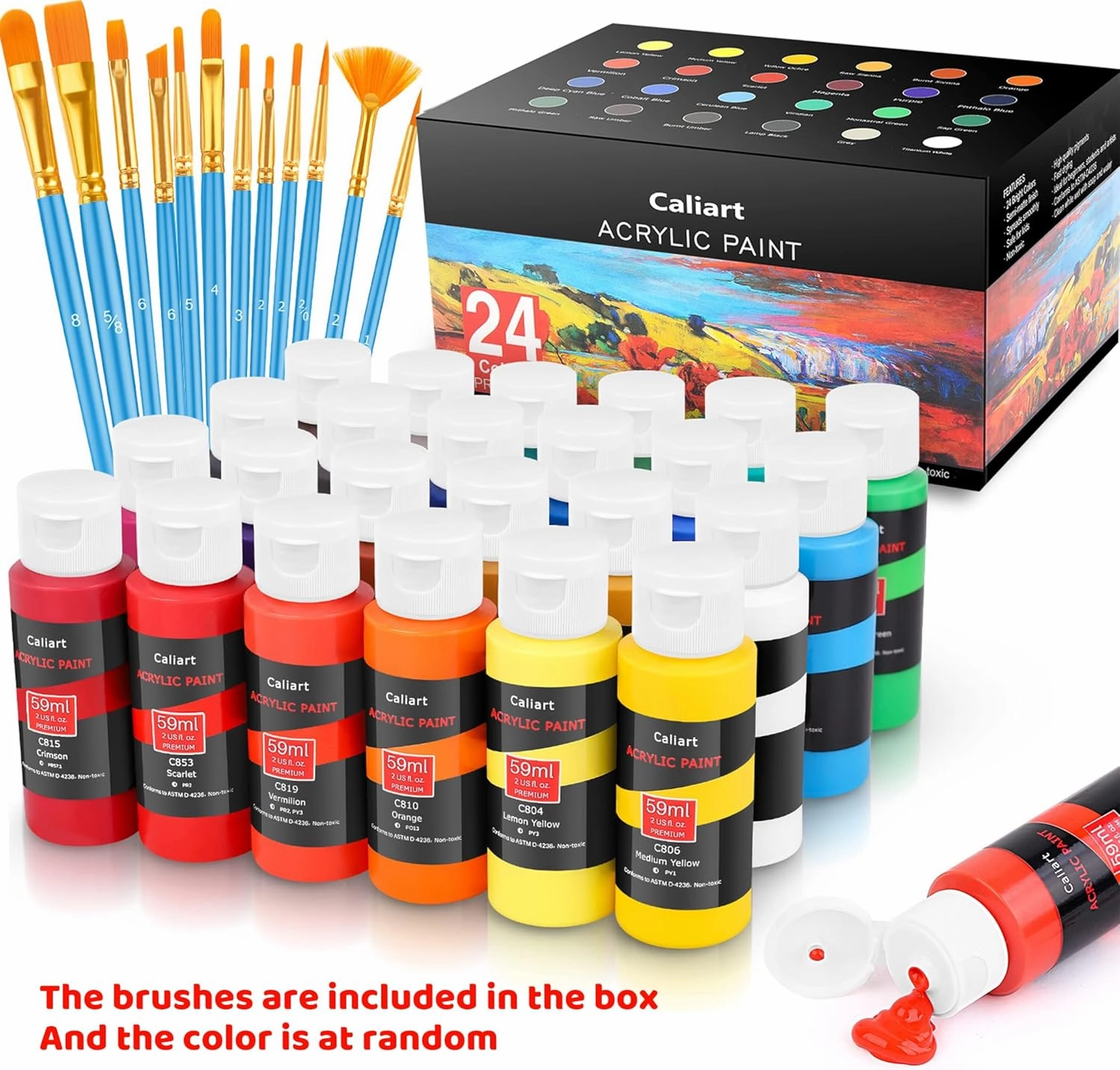 Caliart 24 Colors Acrylic Paint Set with 12 Brushes, Easter Basket Stuffers for Teens, Art Craft Paints Gifts Trendy Stuff for Artists Kids Teen, Canvas Ceramic Rock Eggs Painting Kit Art Supplies