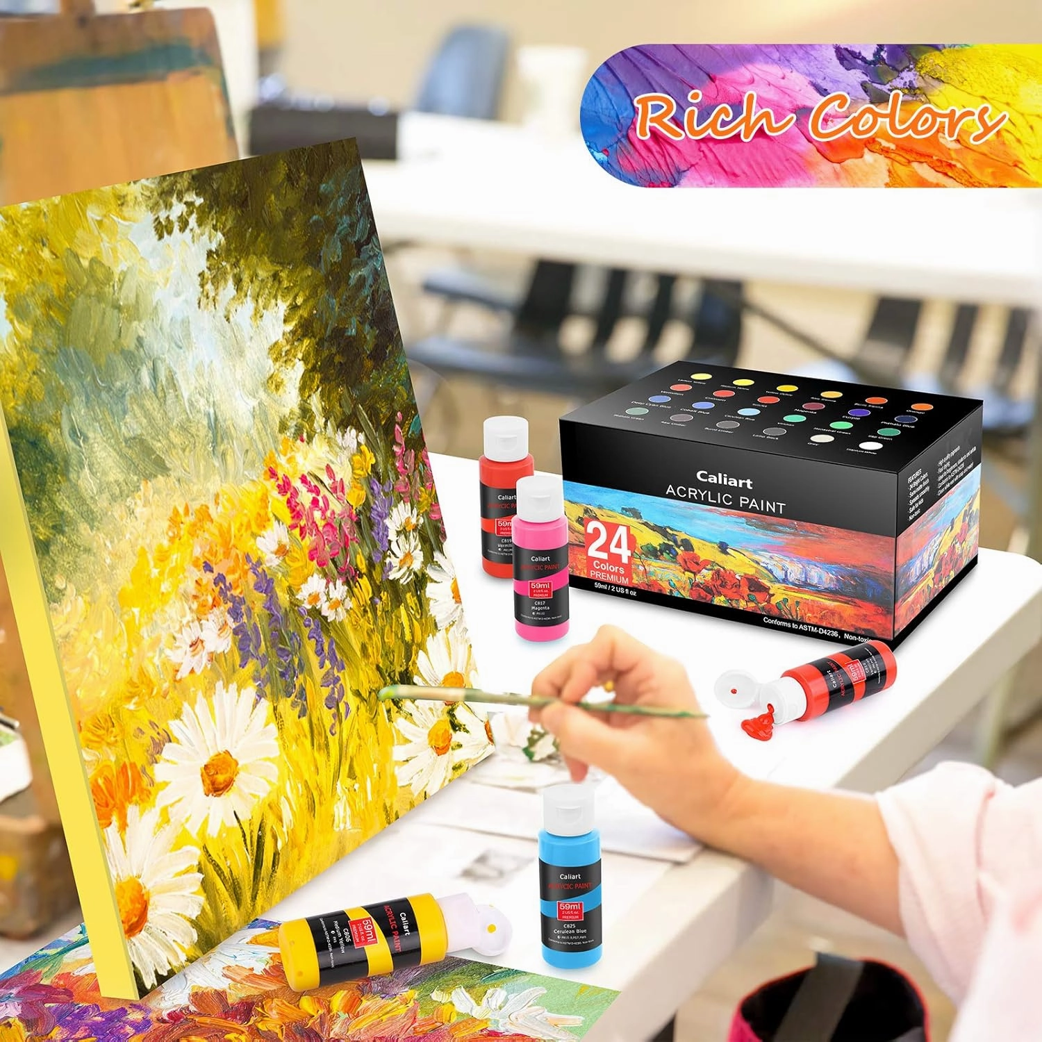 Caliart 24 Colors Acrylic Paint Set with 12 Brushes, Easter Basket Stuffers for Teens, Art Craft Paints Gifts Trendy Stuff for Artists Kids Teen, Canvas Ceramic Rock Eggs Painting Kit Art Supplies