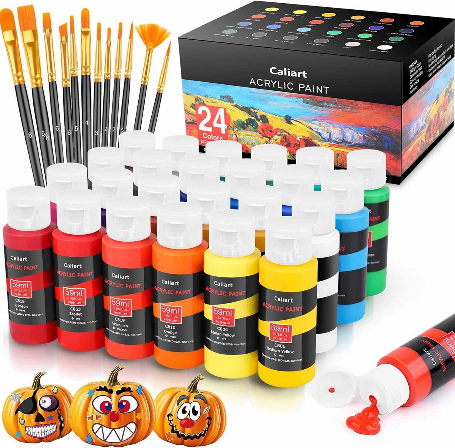 Caliart 24 Colors Acrylic Paint Set with 12 Brushes, Easter Basket Stuffers for Teens, Art Craft Paints Gifts Trendy Stuff for Artists Kids Teen, Canvas Ceramic Rock Eggs Painting Kit Art Supplies