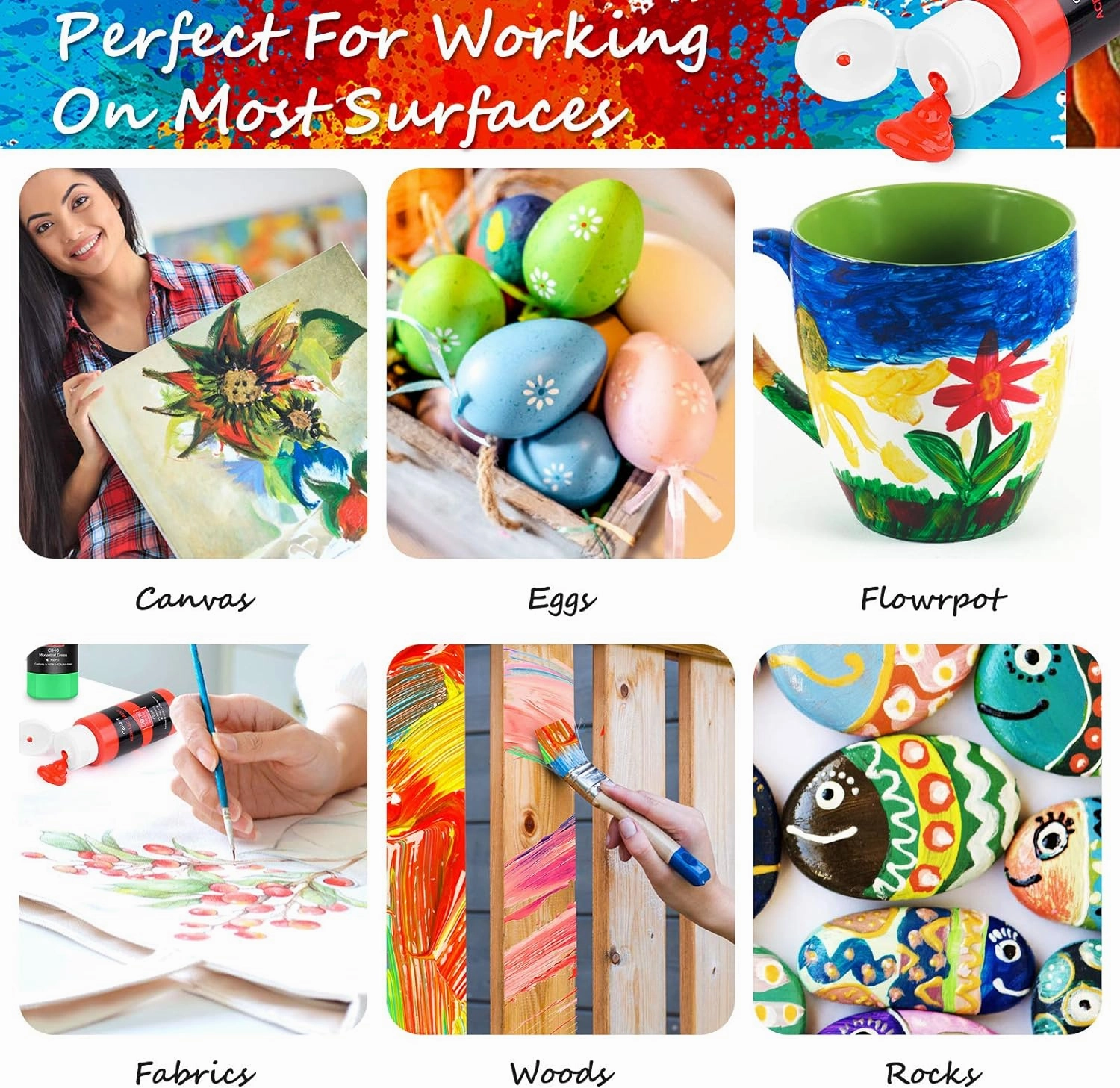 Caliart 24 Colors Acrylic Paint Set with 12 Brushes, Easter Basket Stuffers for Teens, Art Craft Paints Gifts Trendy Stuff for Artists Kids Teen, Canvas Ceramic Rock Eggs Painting Kit Art Supplies