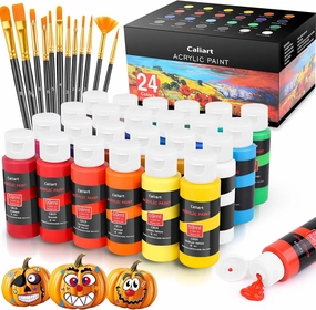 Caliart 24 Colors Acrylic Paint Set with 12 Brushes, Easter Basket Stuffers for Teens, Art Craft Paints Gifts Trendy Stuff for Artists Kids Teen, Canvas Ceramic Rock Eggs Painting Kit Art Supplies