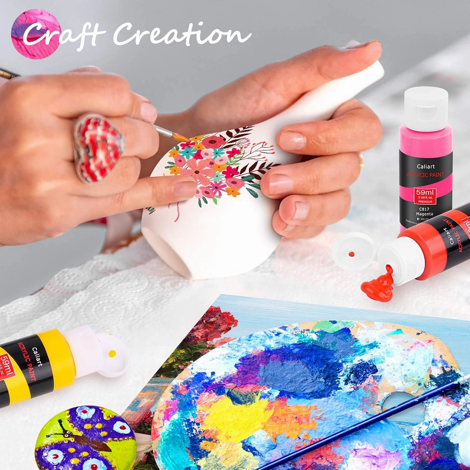 Caliart 24 Colors Acrylic Paint Set with 12 Brushes, Easter Basket Stuffers for Teens, Art Craft Paints Gifts Trendy Stuff for Artists Kids Teen, Canvas Ceramic Rock Eggs Painting Kit Art Supplies