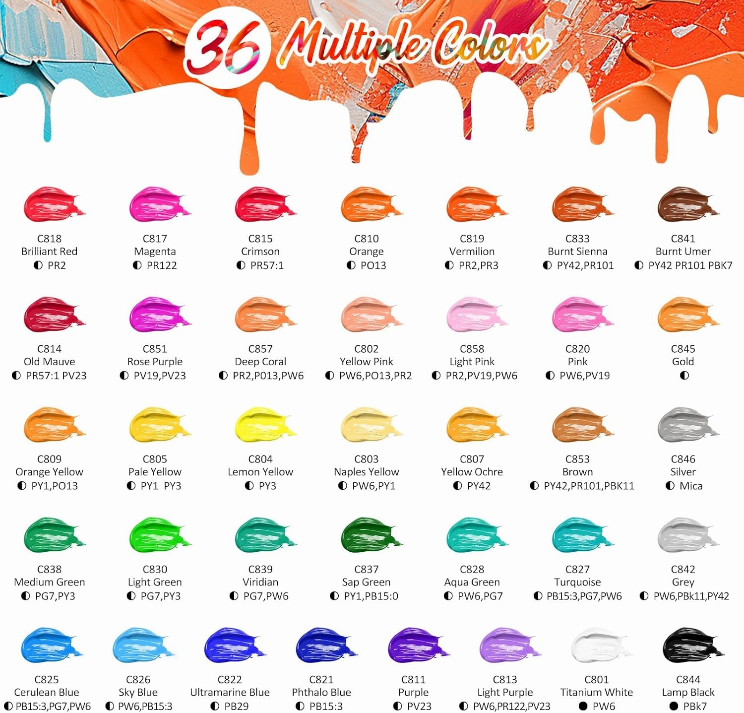Caliart Acrylic Paint Set With 12 Brushes, 36 Colors (59ml, 2oz) Art Craft Paints Gifts for Artists Kids Beginners & Painters, Halloween Pumpkin Canvas Ceramic Rock Painting Kit Art Supplies