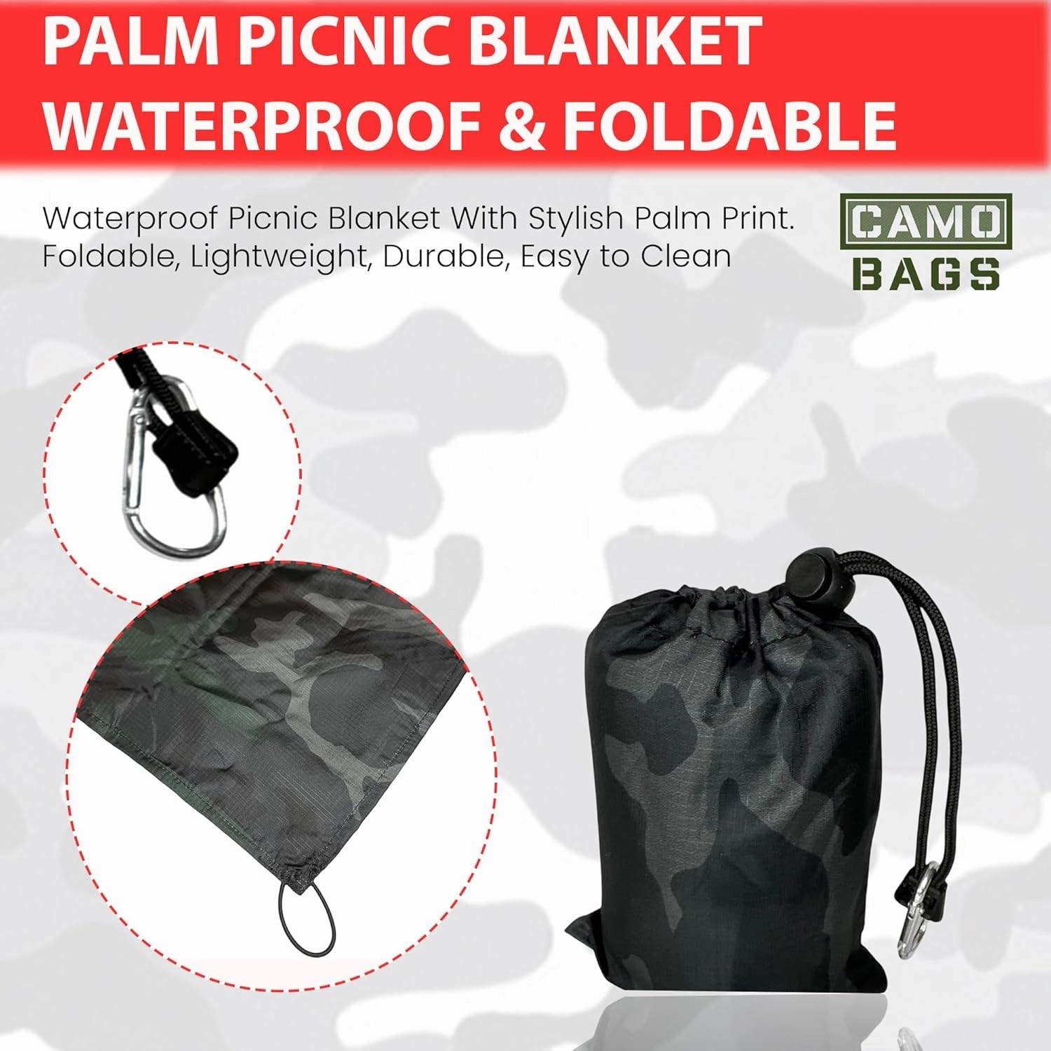 Camo Palm Picnic Blanket - Water Resistant & Foldable Ribstop Fabric Made Blanket with Compact Pocket Loops Style - Easy to Carry - Ideal for Travel, Beach, & Camping & Outdoor Use
