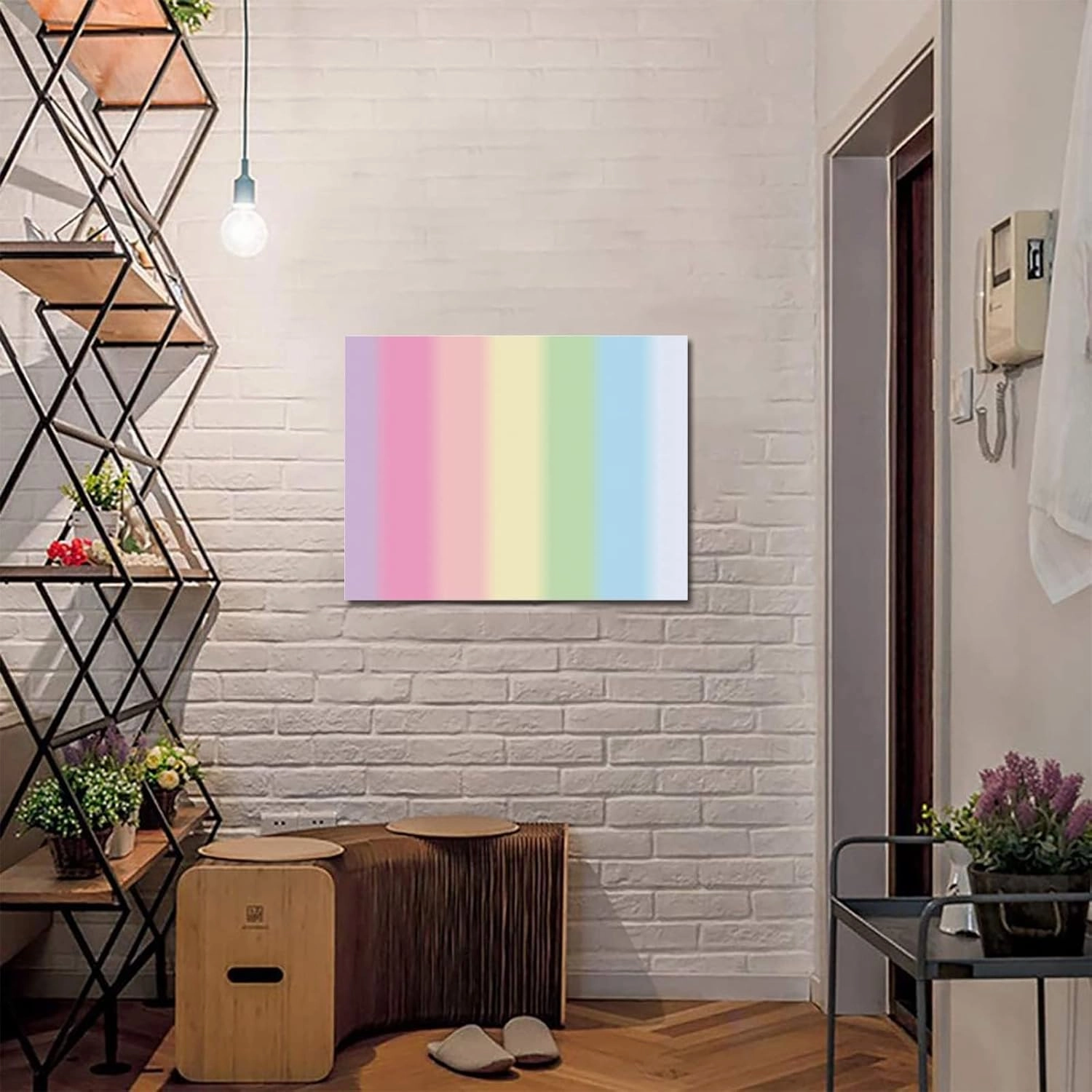 Canvas Wall Art Picture Prints Blue Yellow Green Dim Stripe Oil Painting Artwork on Canvas for Bedroom Living Room Bathroom Rainbow Candy Line Texture Stretched and Framed Painted 24x32in