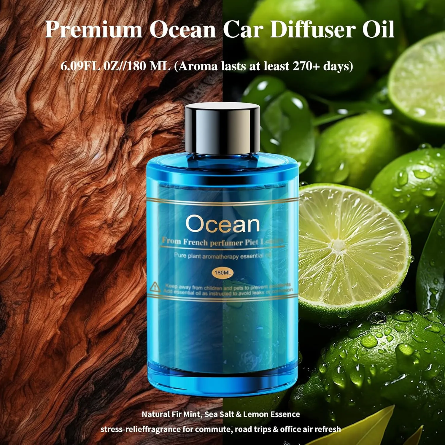 Car Air Freshener Refill for Men & Women 6.09 FL OZ /180ML-9 Month Ocean Scent Essential Oil Perfume, Essential Oil Made of Natural Plant Extracts, Compatible with Car Diffusers for Home/Office