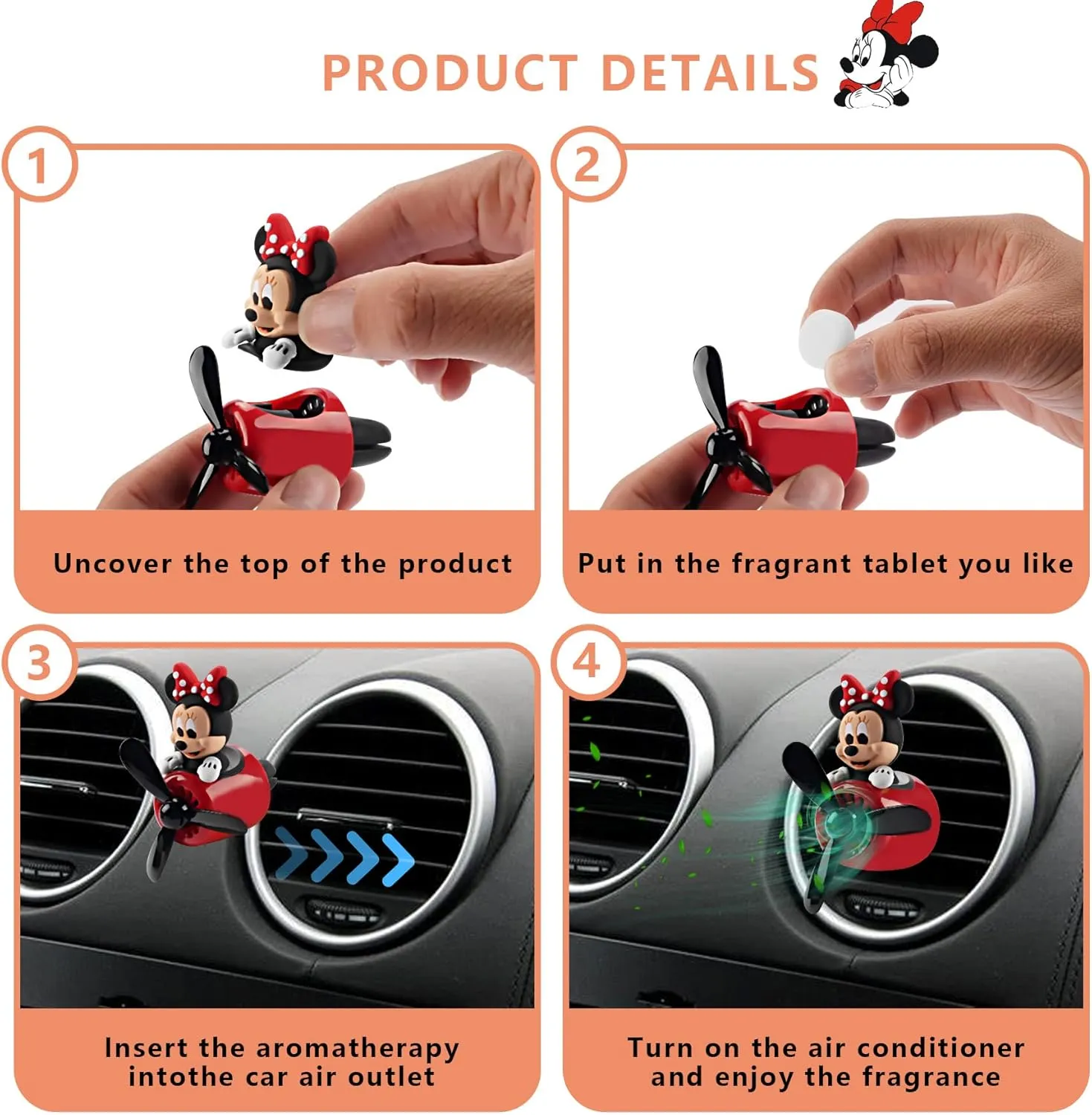 Car Air Fresheners Cute Cartoon Mouse Pilot Car Diffuser Rotating Propeller Automotive Air Outlet Fan Creative Car Perfume Decoration Cool Car Accessories (Women)