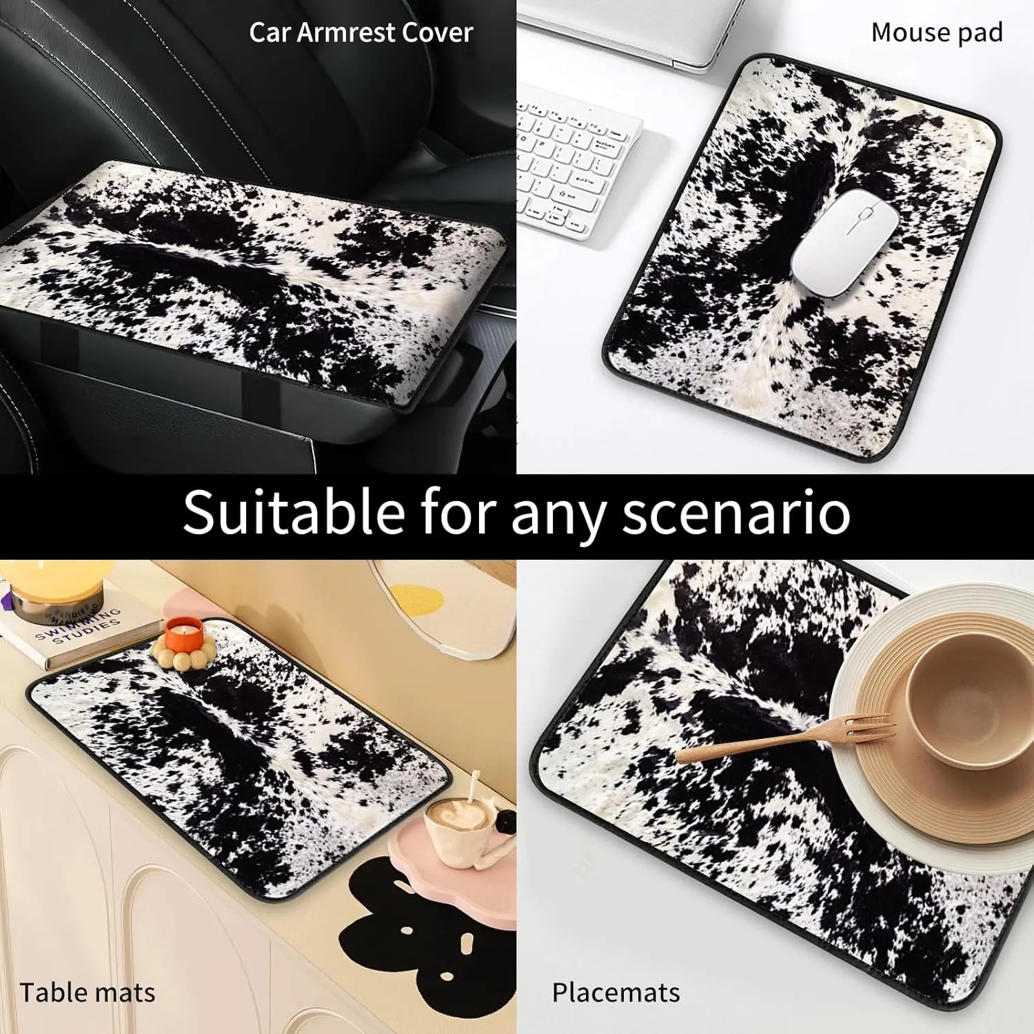 Car Center Console Cover, Universal Soft Large Neoprene Auto Armrest Seat Box Cover, Funny Car Decor Accessories Fit for Most Cars, Vehicles, SUVs Black White Cowhide